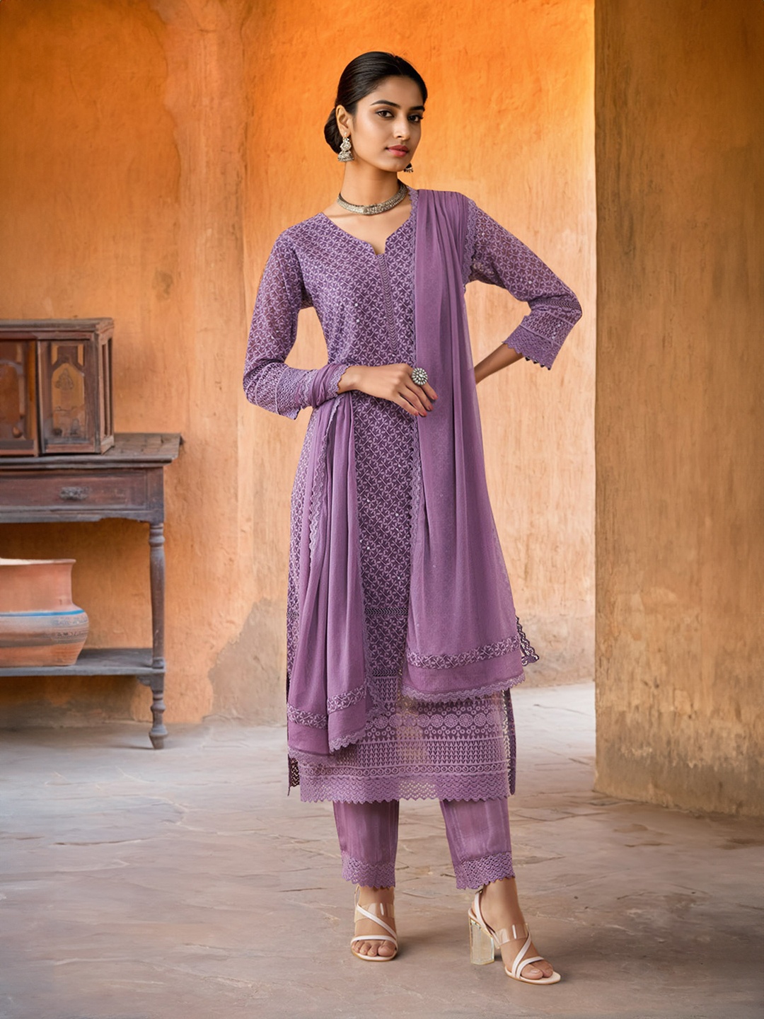 

Soch Ethnic Motifs Embroidered Straight Kurta & Trousers With Dupatta, Purple