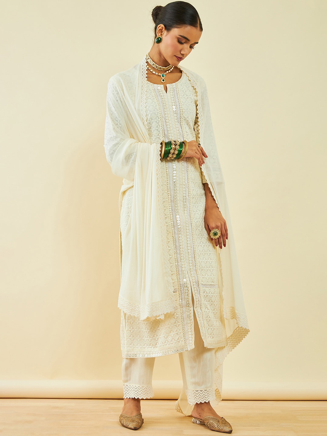 

Soch Ethnic Motifs Embroidered Sequinned Straight Kurta & Trousers With Dupatta, Off white