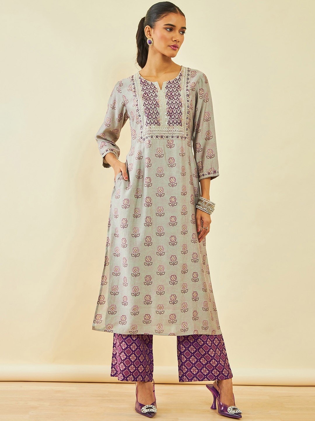 

Soch Floral Printed Mirror Work A-Line Kurta With Trousers, Grey