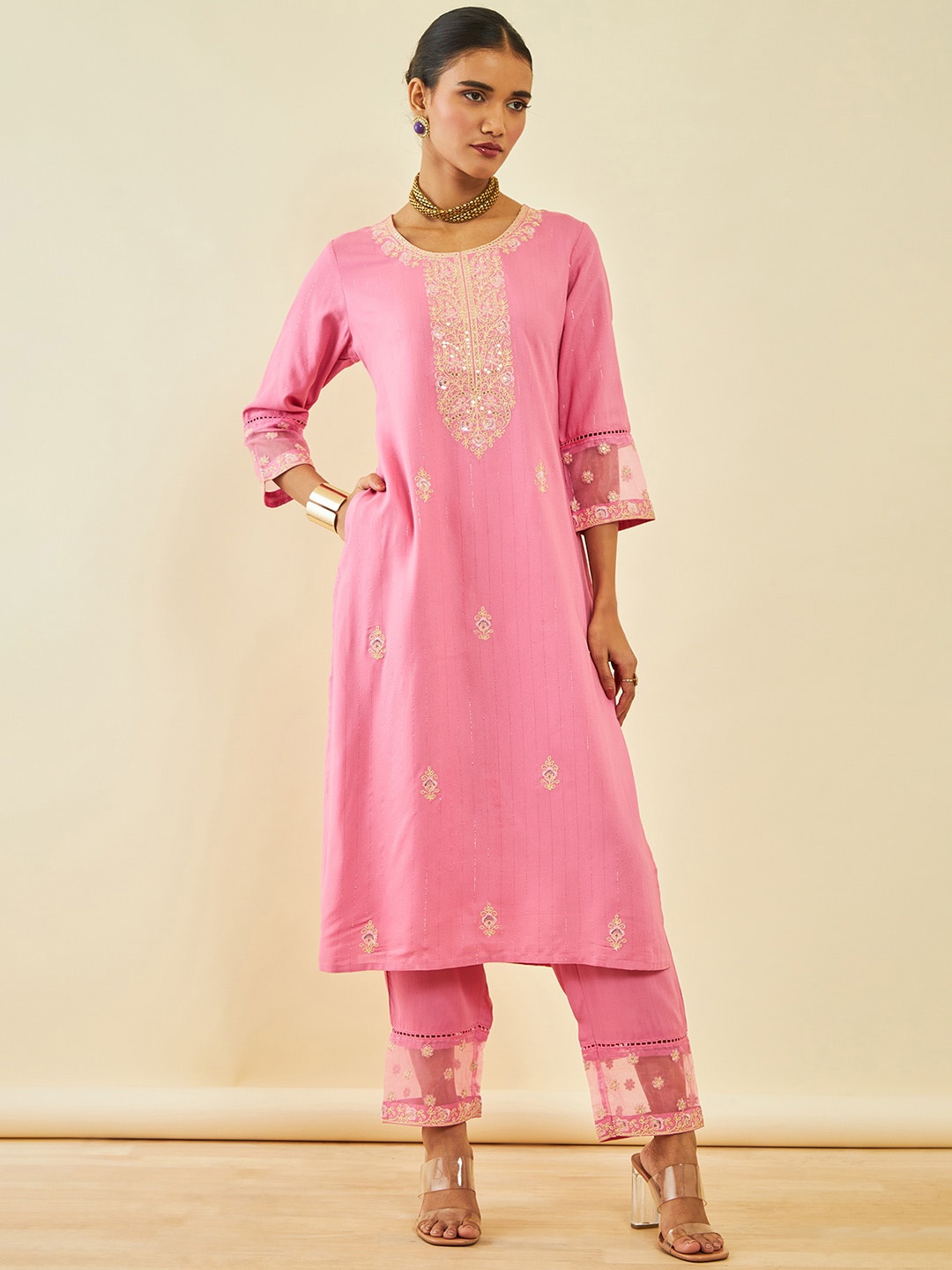 

Soch Ethnic Motifs Embroidered Sequinned Straight Kurta With Trousers, Pink