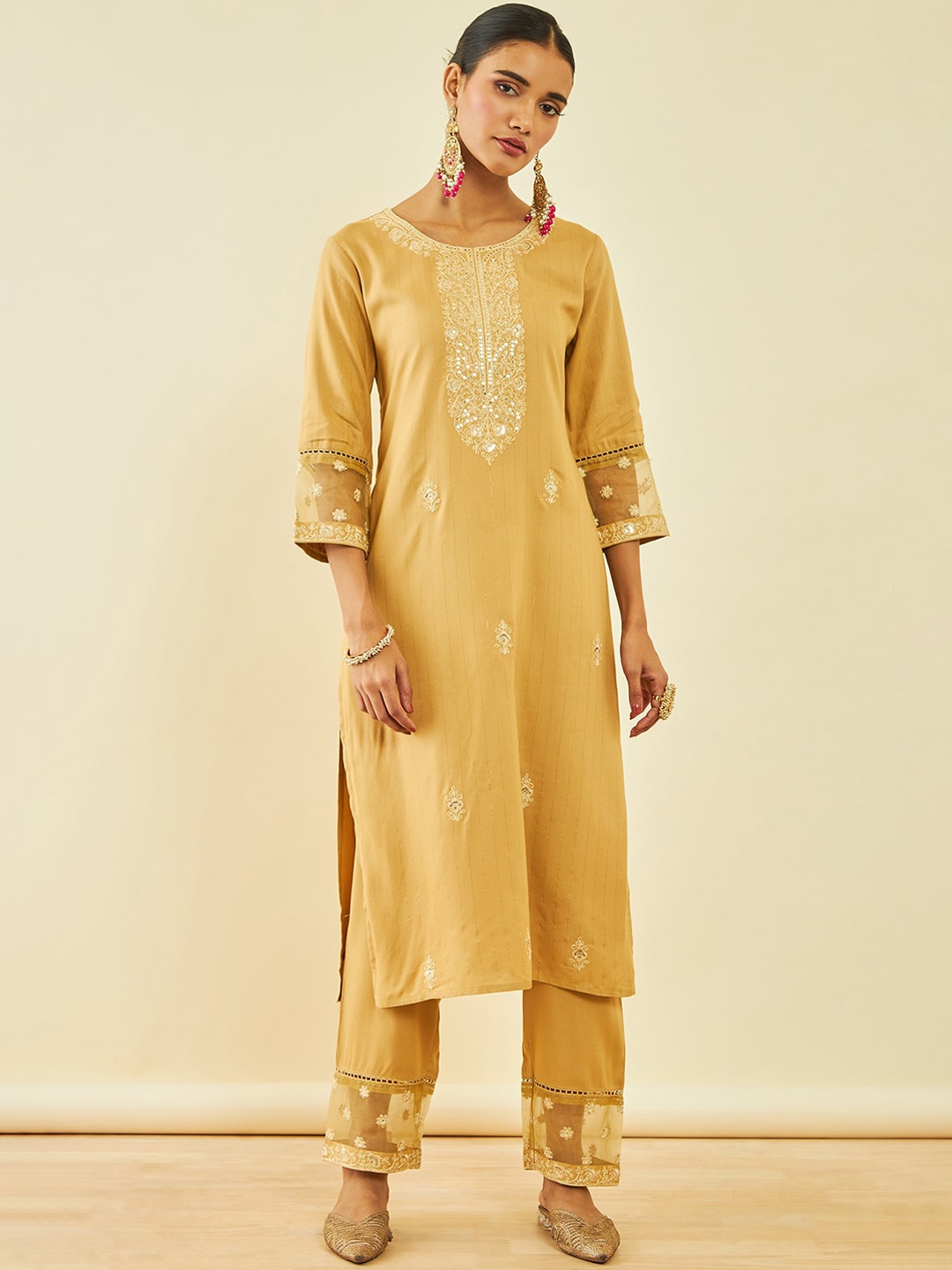 

Soch Ethnic Motifs Embroidered Sequinned Straight Kurta With Trousers, Beige