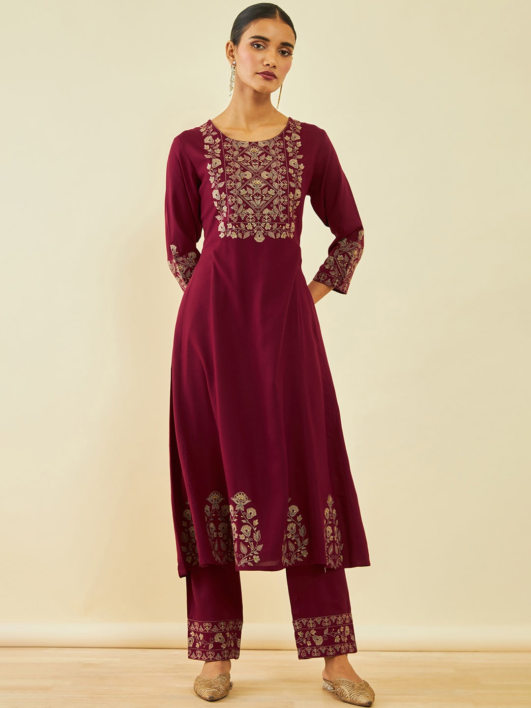 

Soch Floral Embroidered Anarkali Kurta With Trousers, Maroon