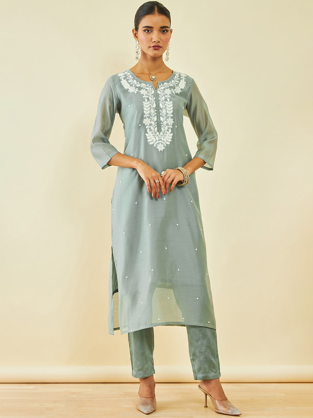 

Soch Floral Embroidered Chanderi Silk Straight Kurta & Trousers With Dupatta, Blue