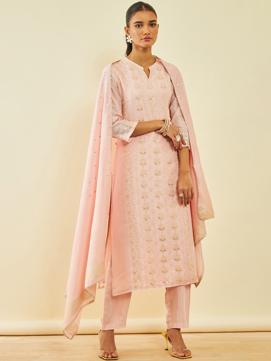 

Soch Floral Embroidered Sequinned Band Collar Straight Kurta & Trousers With Dupatta, Pink