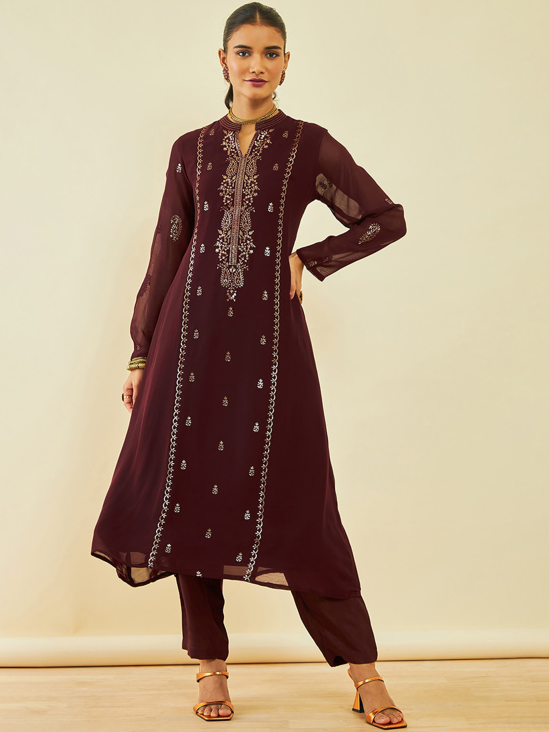 

Soch Ethnic Motifs Embroidered Sequinned Band Collar A-Line Kurta with Trousers, Maroon