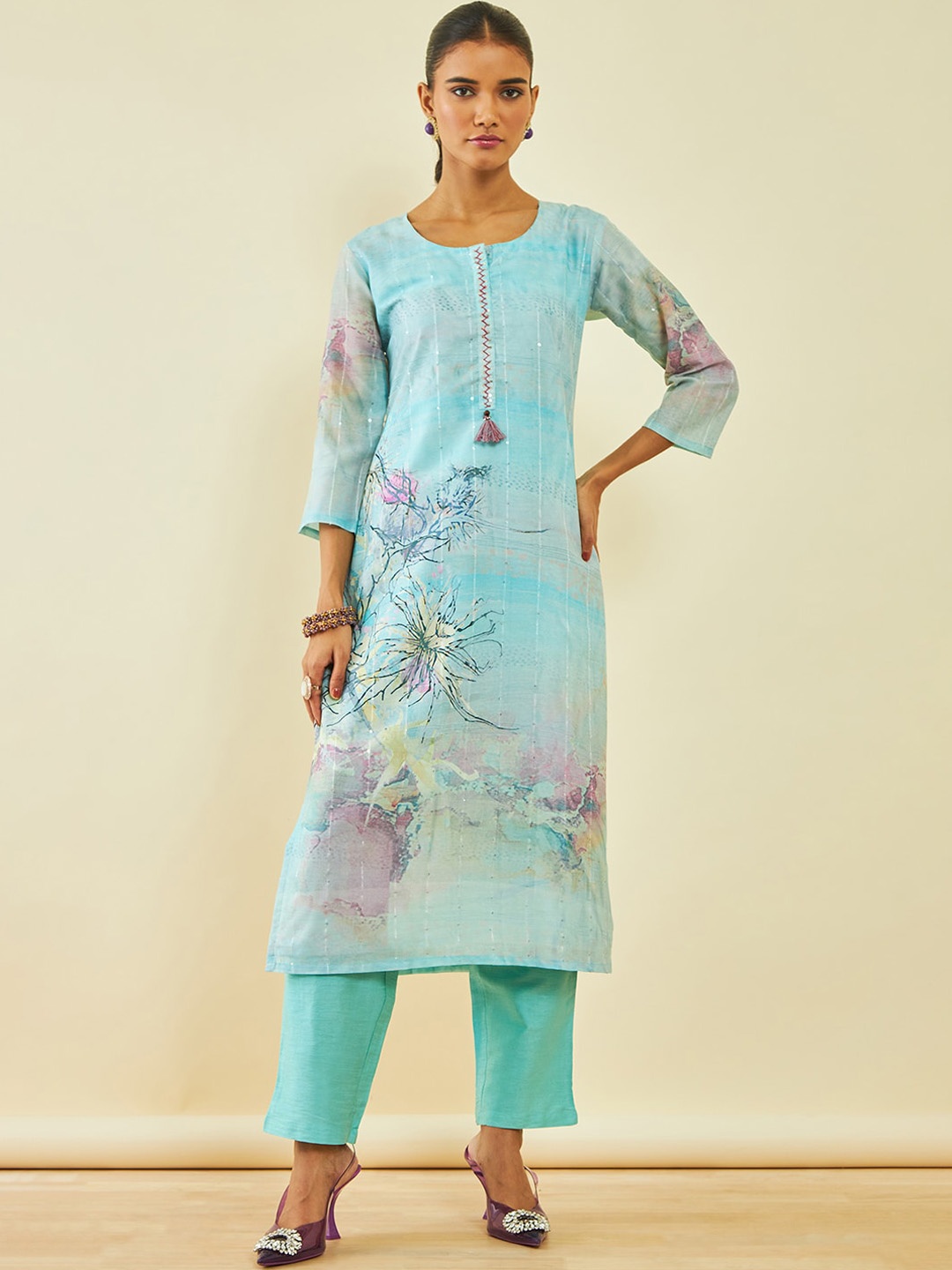 

Soch Abstract Printed Sequinned Straight Kurta & Trousers With Dupatta, Turquoise blue