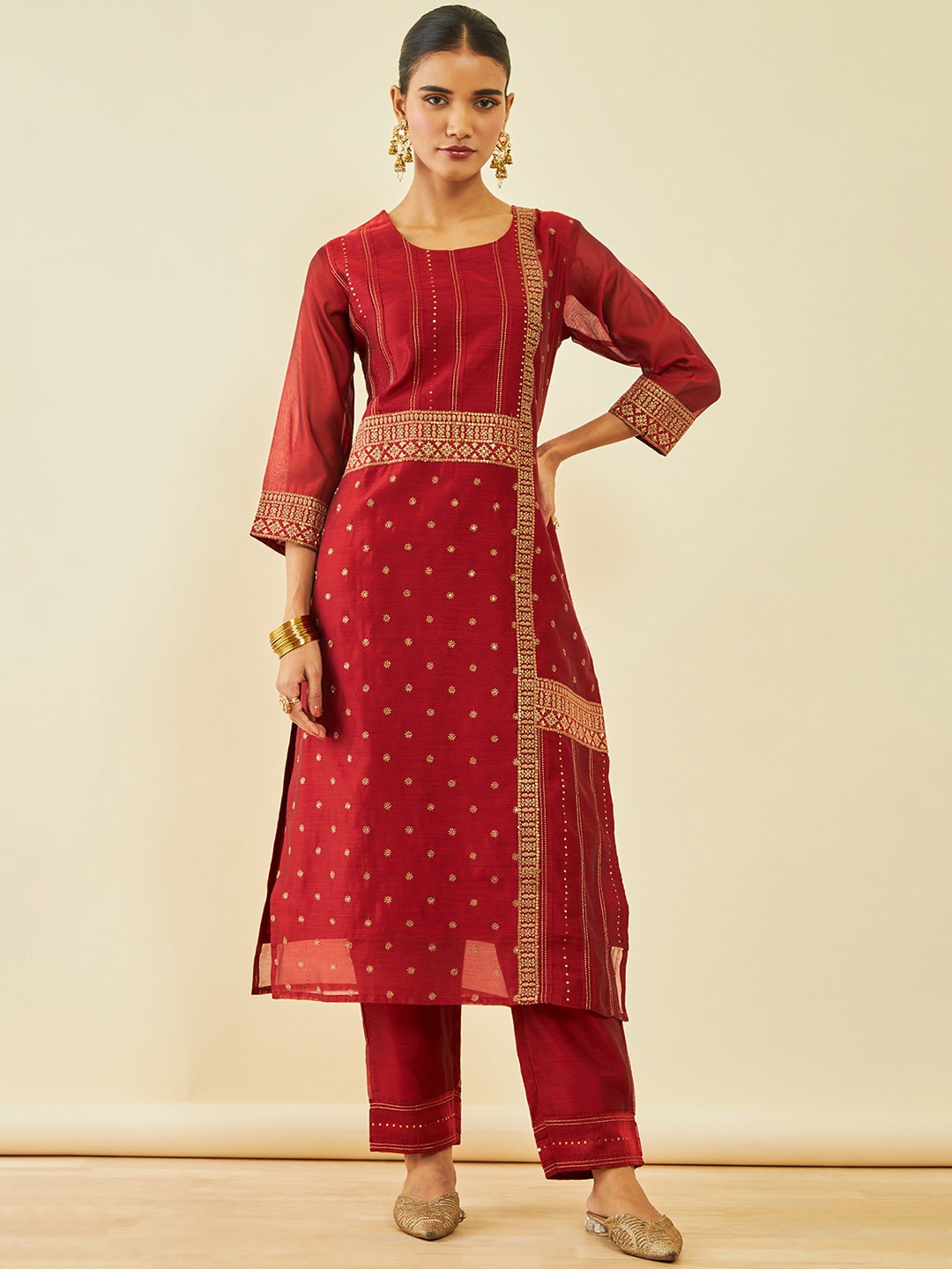 

Soch Ethnic Motifs Embroidered Sequinned Chanderi Silk Straight Kurta With Trousers, Maroon