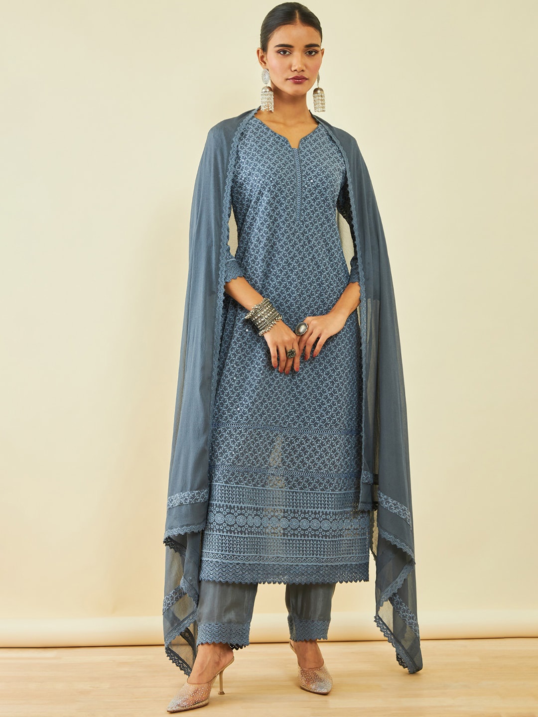 

Soch Ethnic Motifs Embroidered Sequinned Straight Kurta & Trousers With Dupatta, Grey