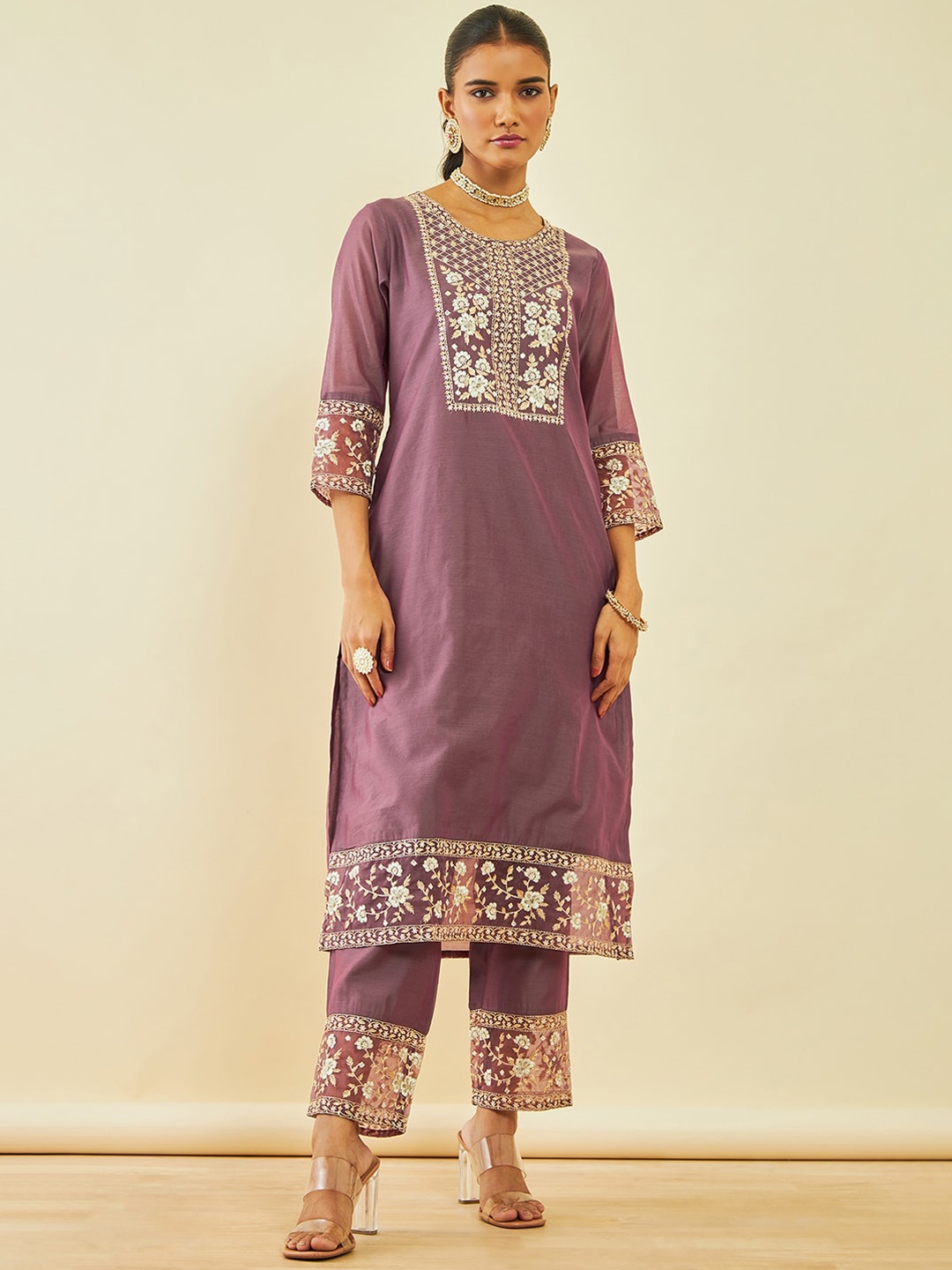 

Soch Floral Embroidered Sequinned Chanderi Silk Straight Kurta With Trousers & Dupatta, Pink