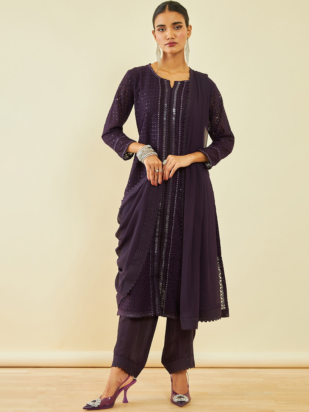 

Soch Ethnic Motifs Embroidered Sequinned Georgette Straight Kurta With Trousers & Dupatta, Purple