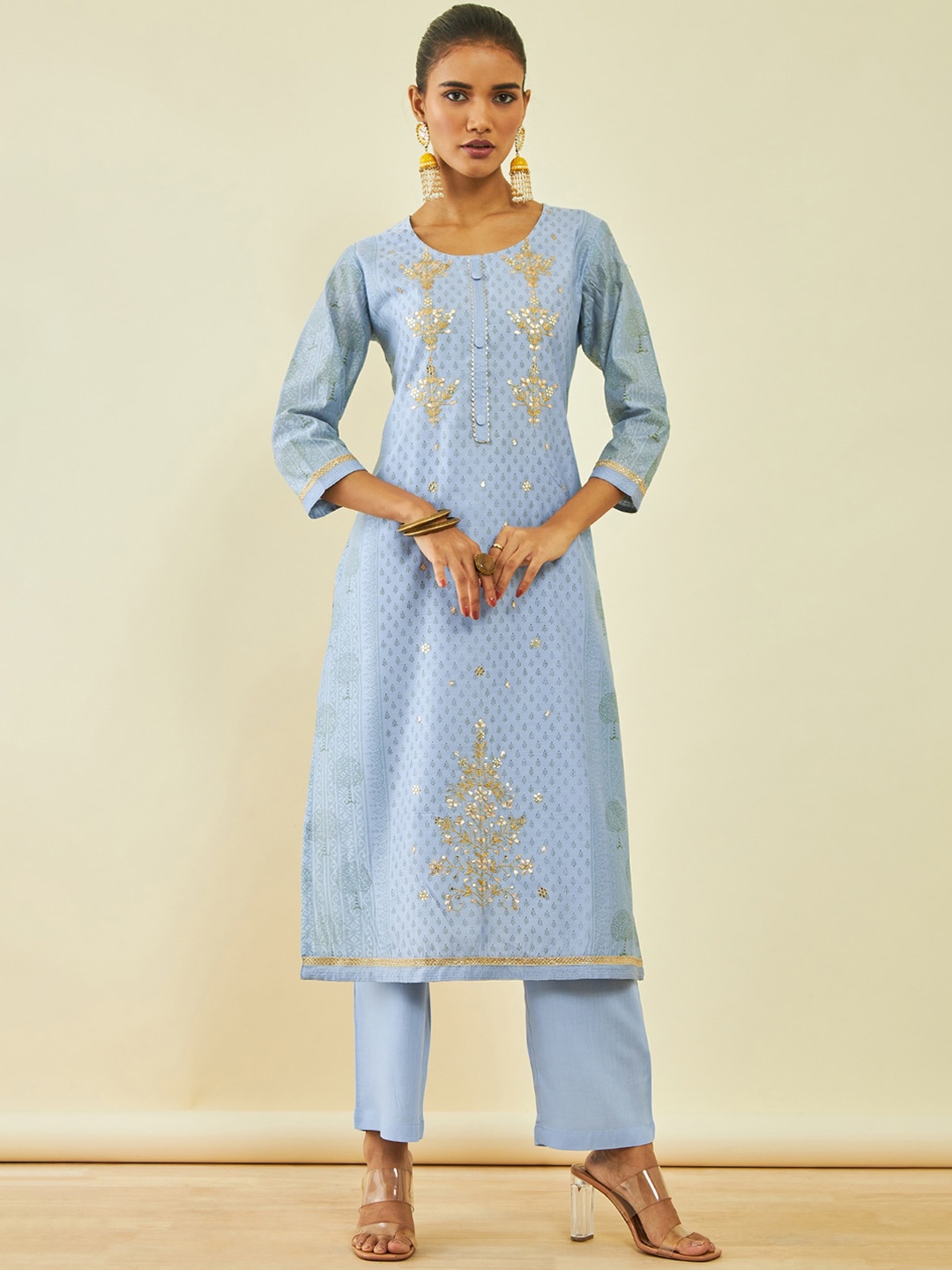 

Soch Ethnic Motifs Embroidered Gotta Patti Chanderi Silk Kurta With Trousers & Dupatta, Blue