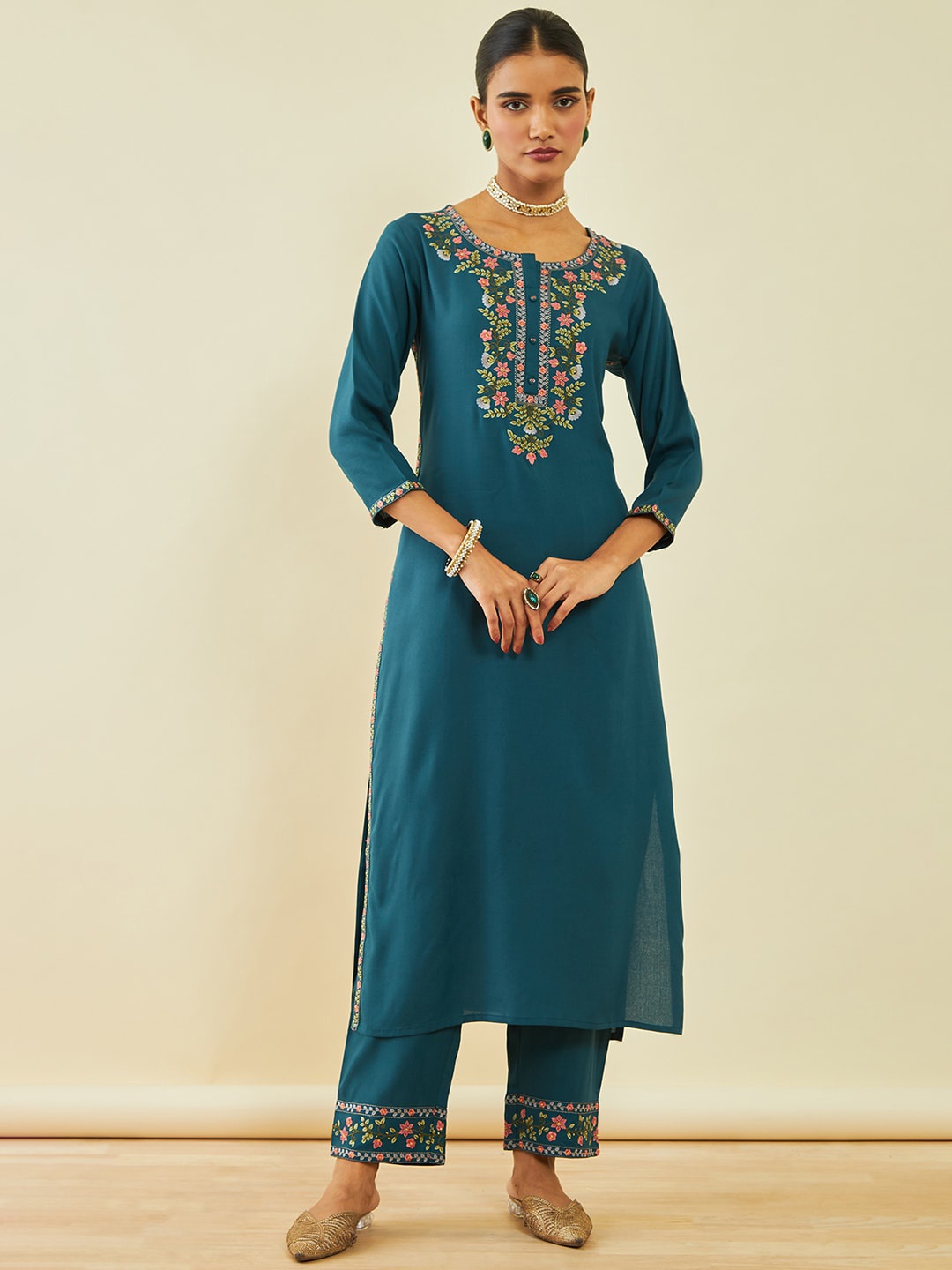 

Soch Floral Yoke Design Thread Work Straight Kurta With Trousers, Teal