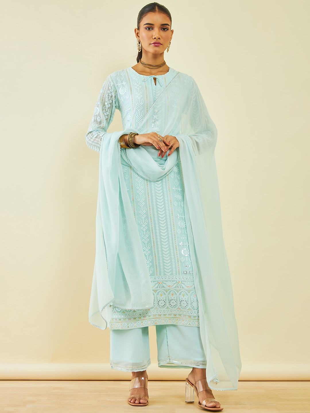 

Soch Floral Embroidered Sequinned Georgette Straight Kurta With Trousers & Dupatta, Blue