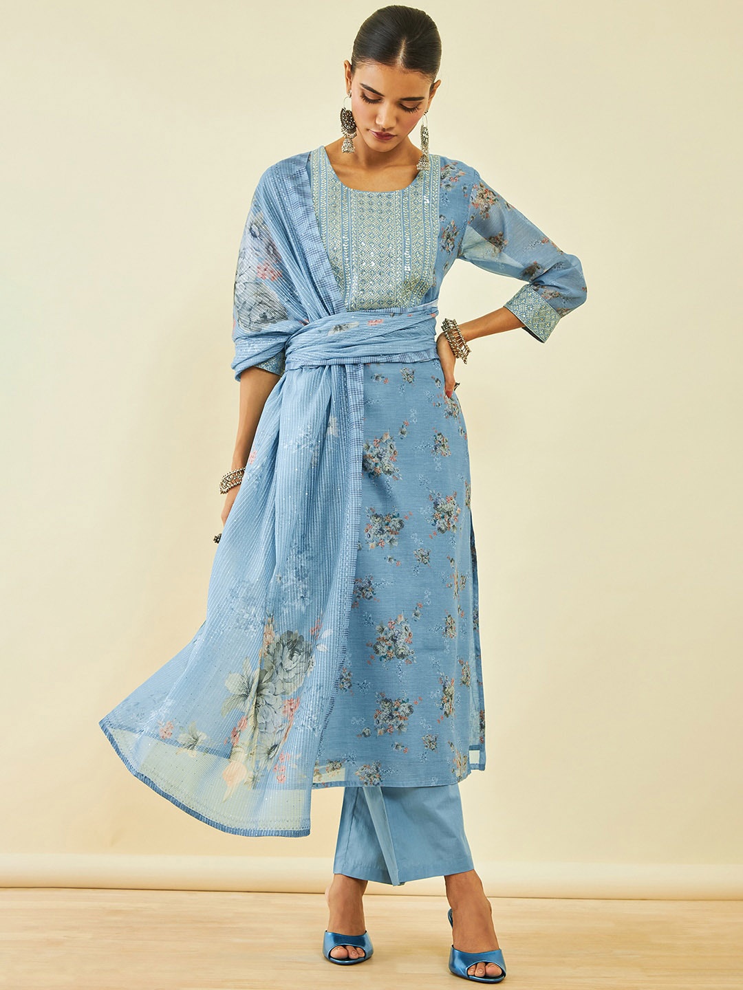 

Soch Floral Yoke Design Sequinned Chanderi Silk Straight Kurta With Trousers & Dupatta, Blue
