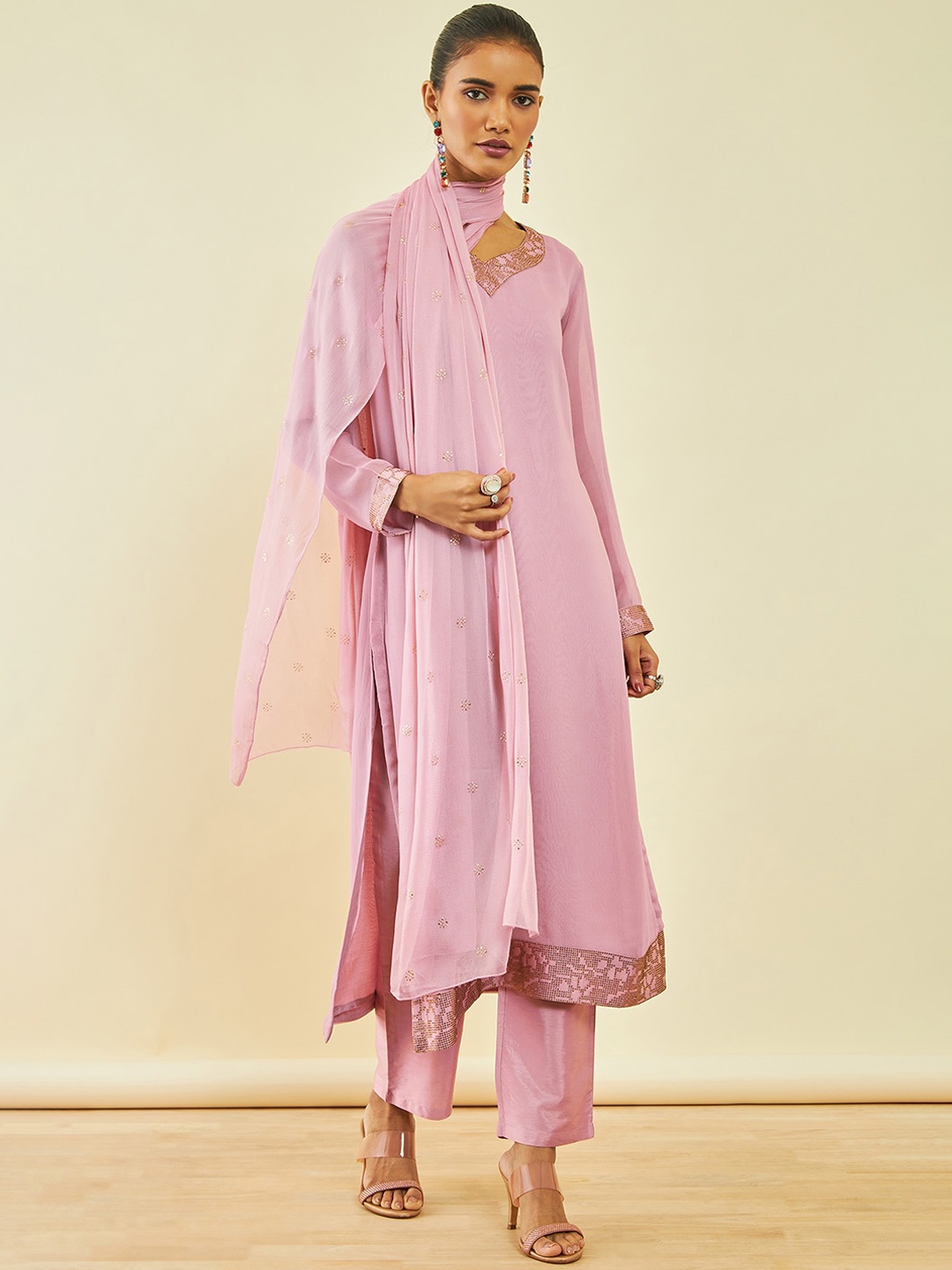 

Soch Beads And Stones Georgette Straight Kurta With Trousers & Dupatta, Pink