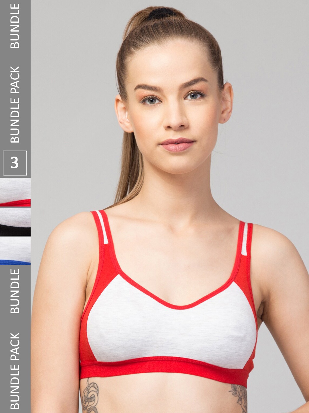 

Apraa & Parma Pack Of 3 Colourblocked Full Coverage Non Padded Organic Sports Bra, Red