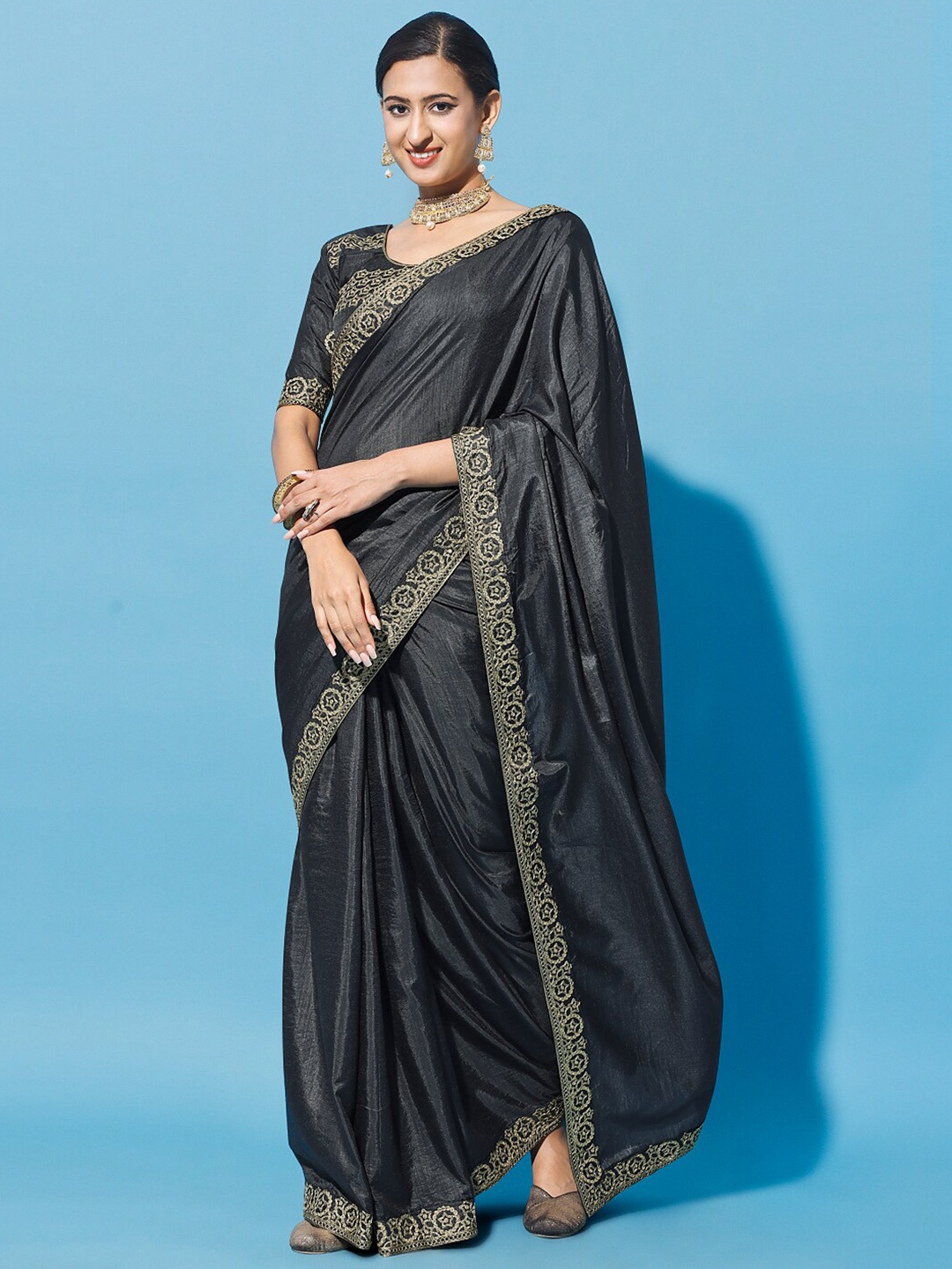 

ORUS Ethnic Motifs Embroidered Silk Cotton Saree, Grey