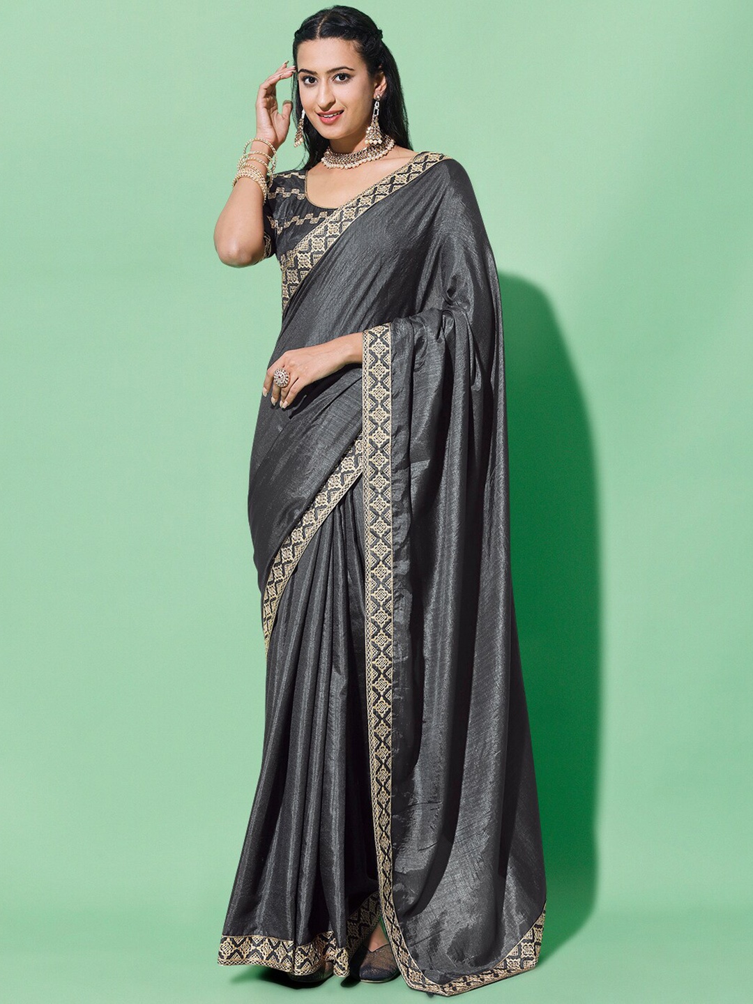 

ORUS Embroidered Silk Cotton Saree, Grey