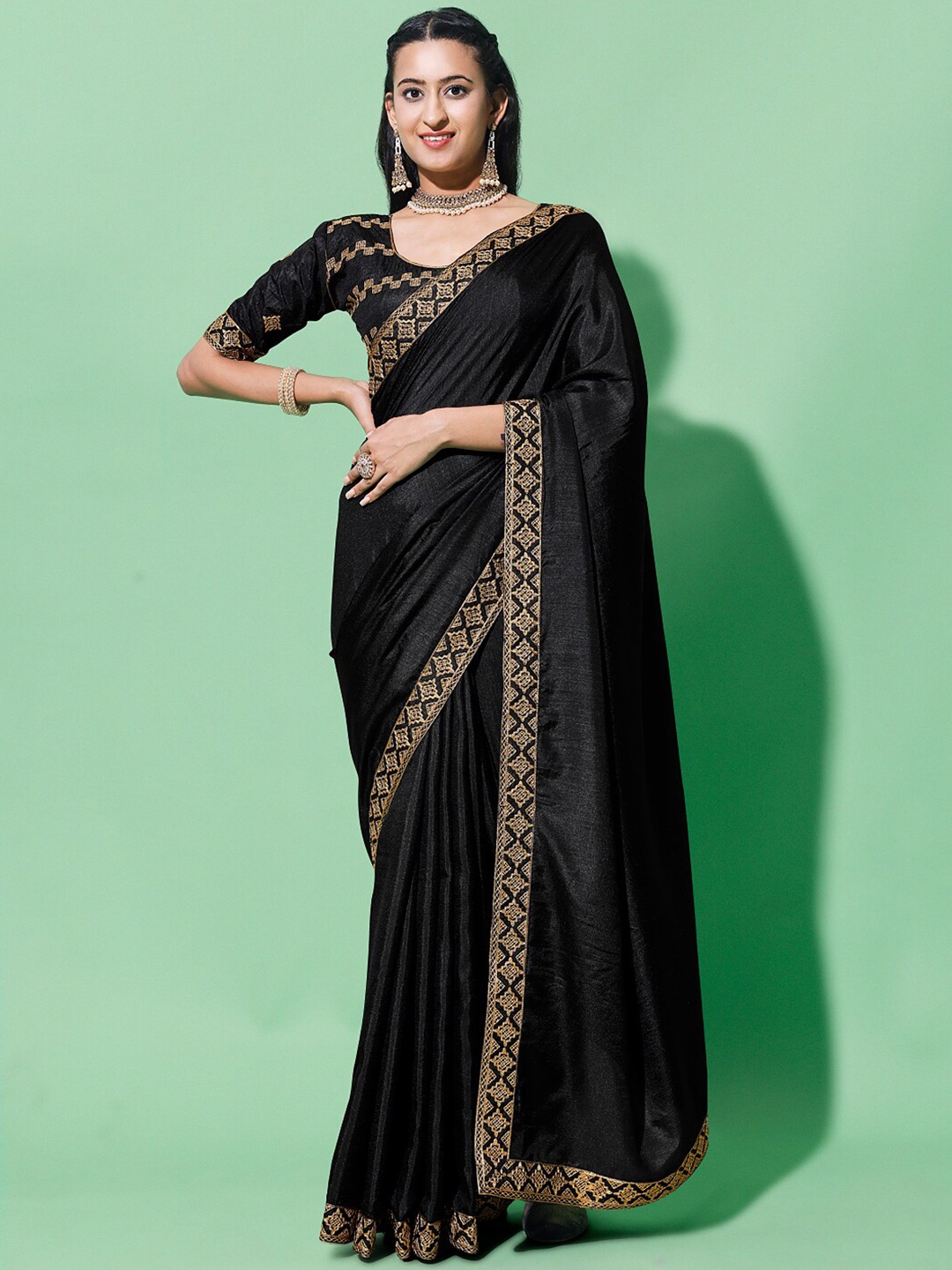 

ORUS Ethnic Motifs Embroidered Silk Cotton Saree, Black