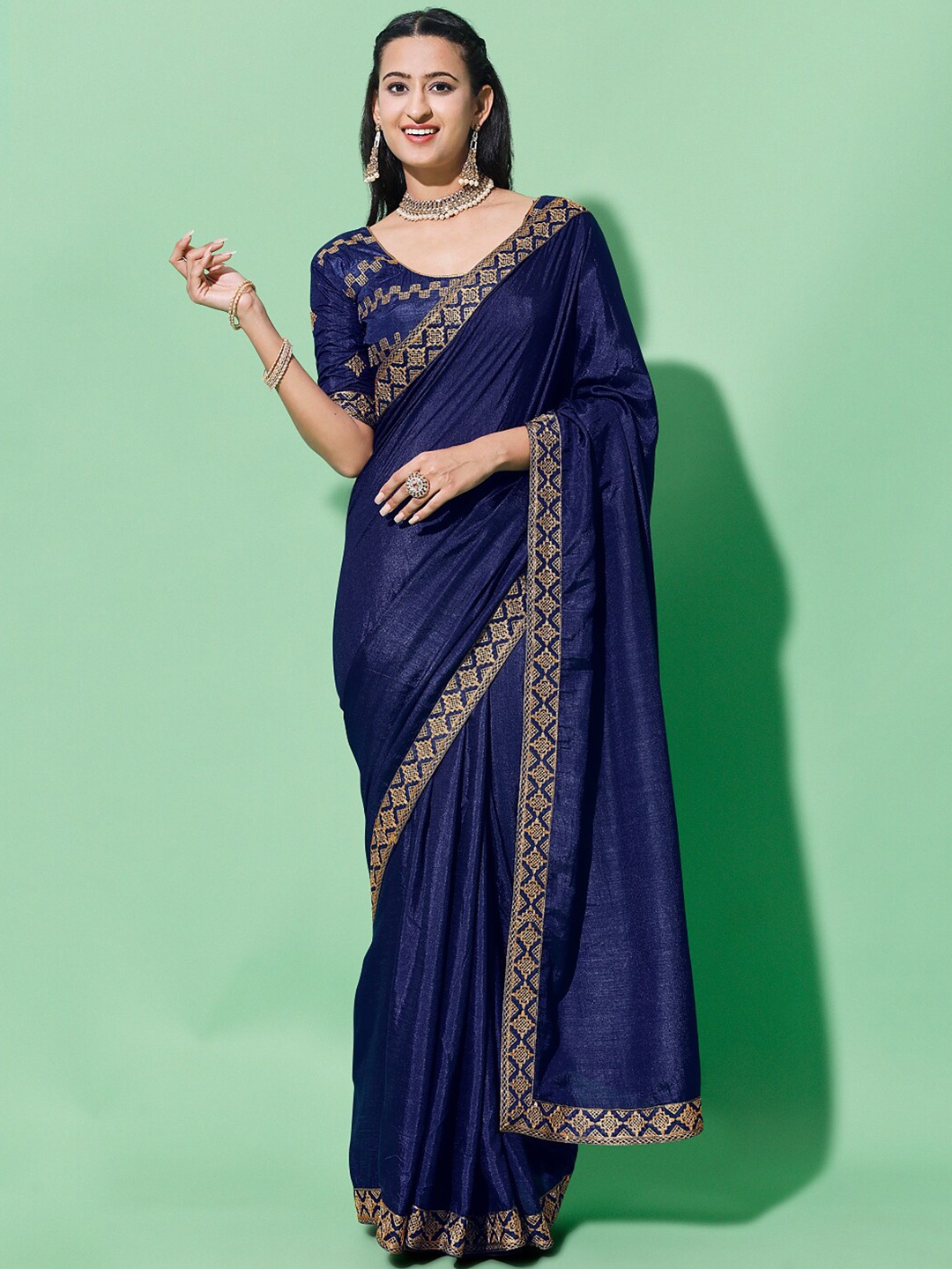

ORUS Embroidered Silk Cotton Saree, Navy blue
