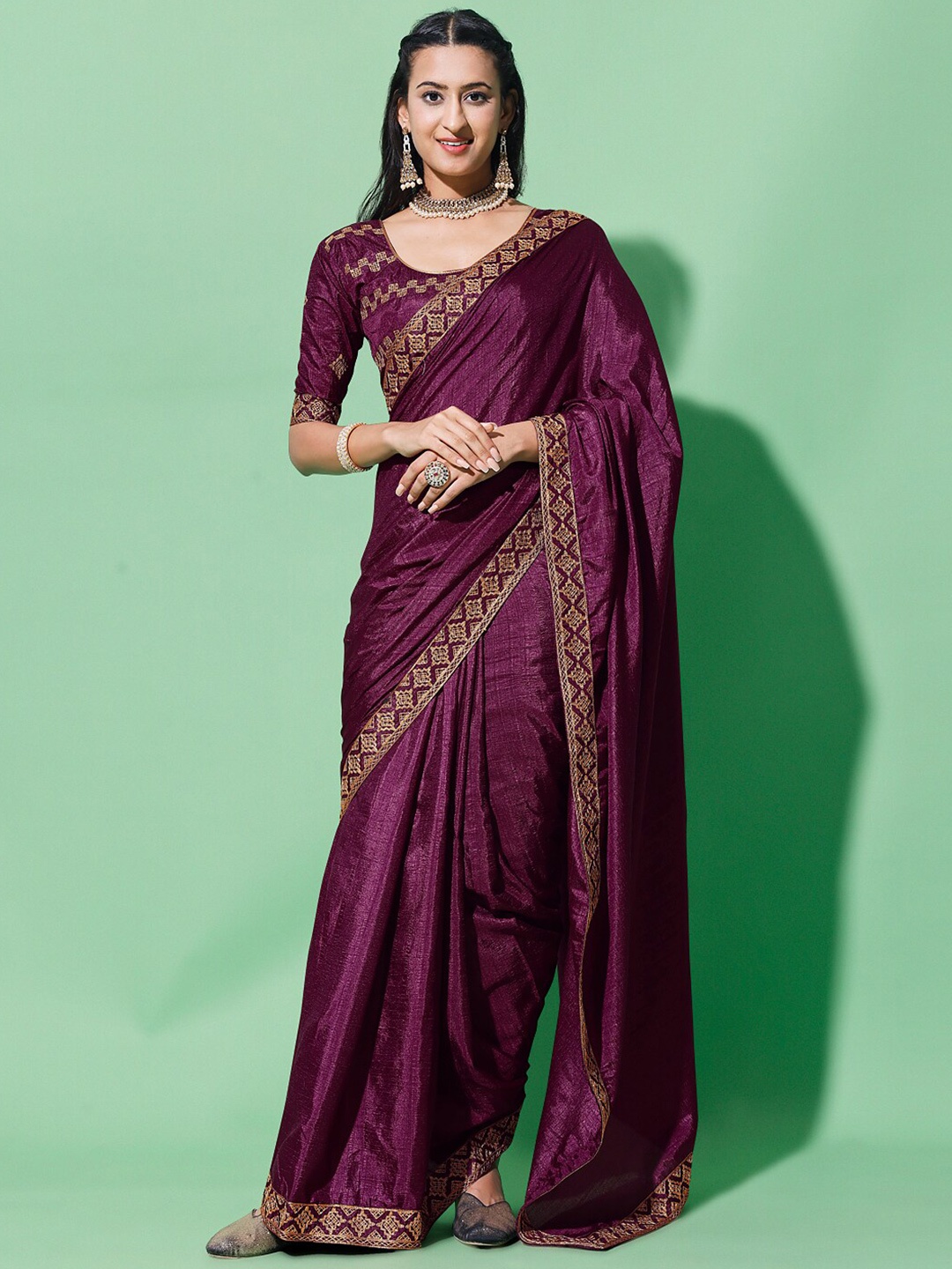 

ORUS Embroidered Silk Cotton Saree, Purple