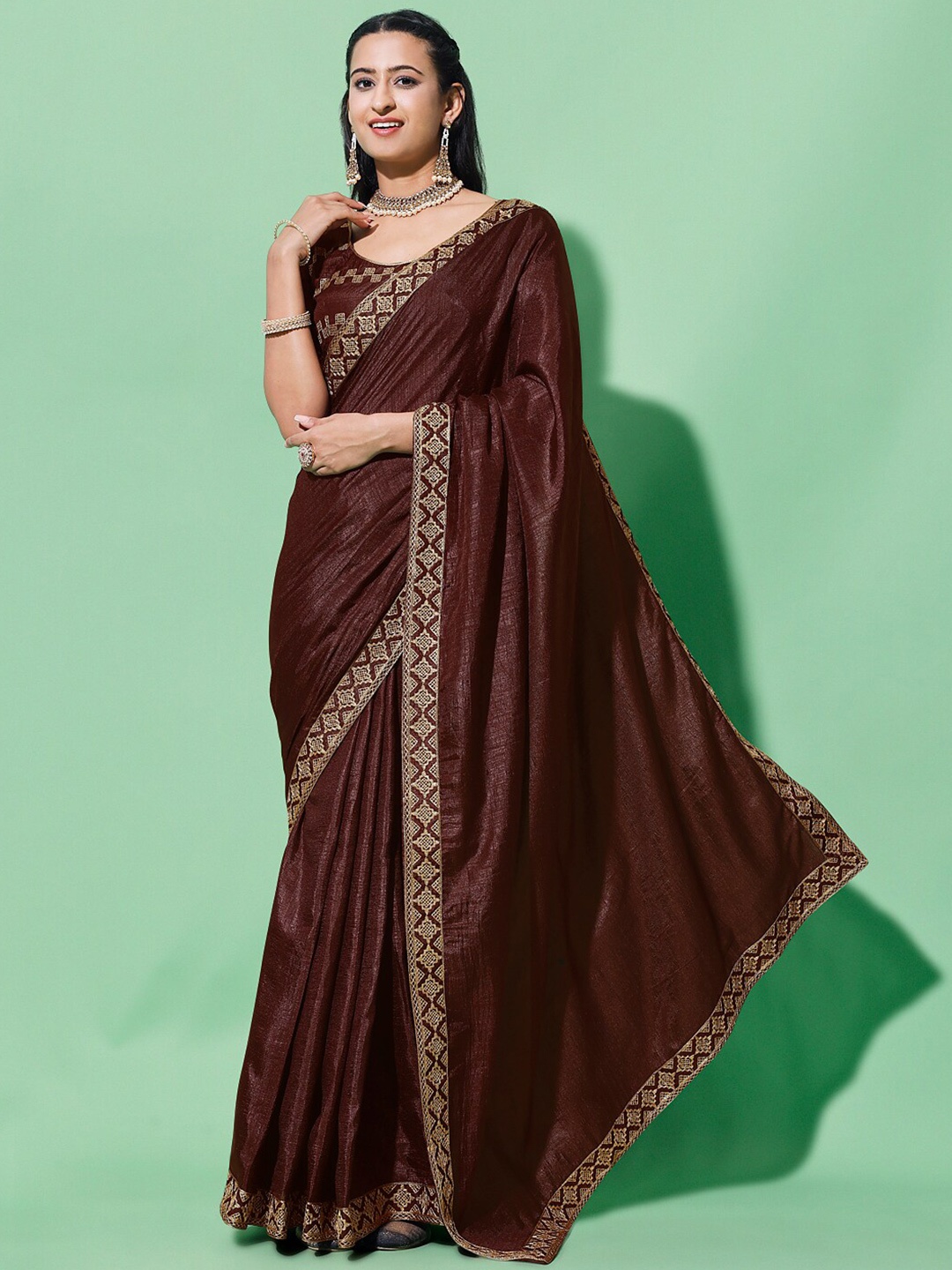 

ORUS Embroidered Silk Cotton Saree, Brown