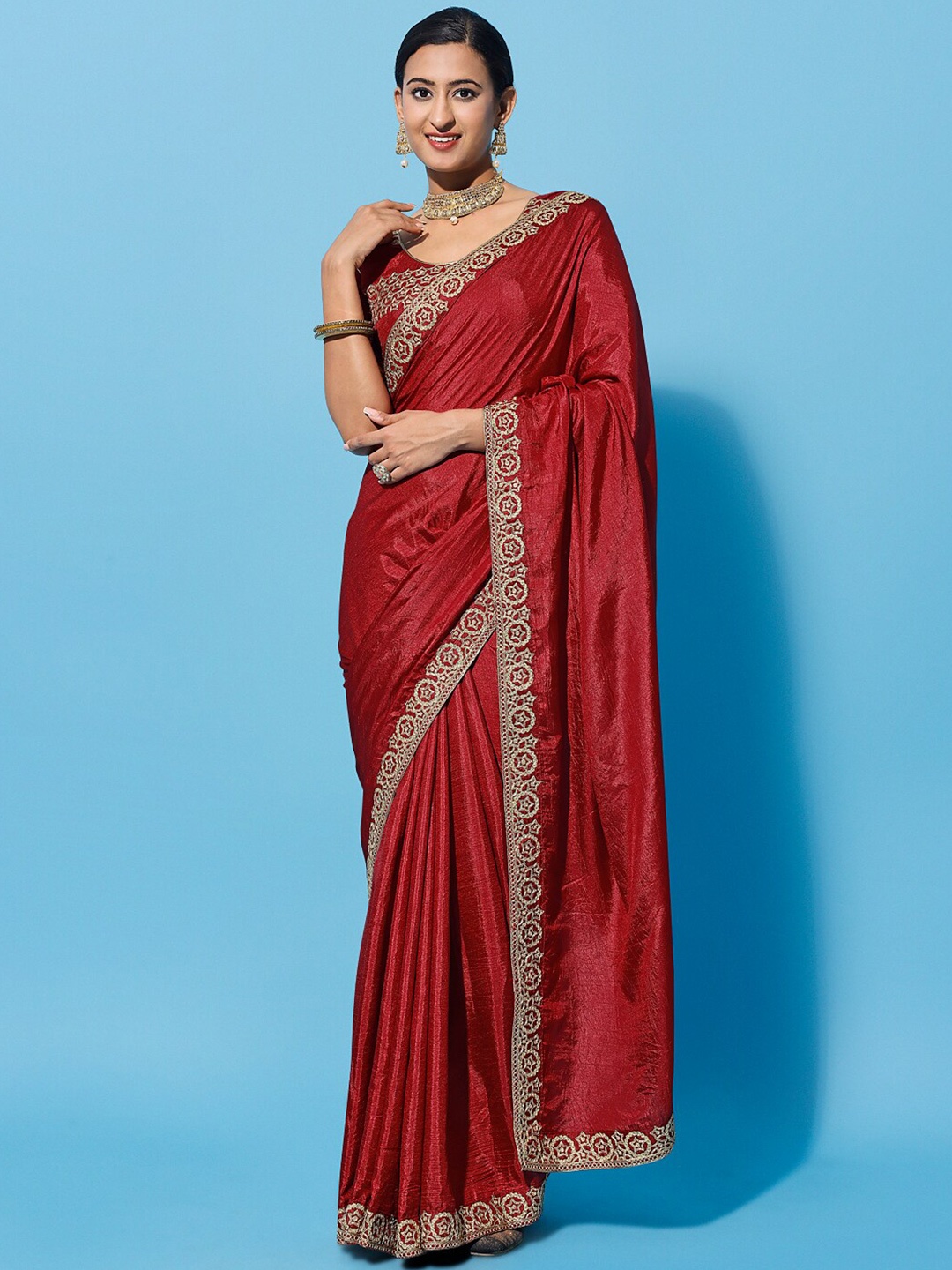 

ORUS Embroidered Silk Cotton Heavy Work Saree, Red