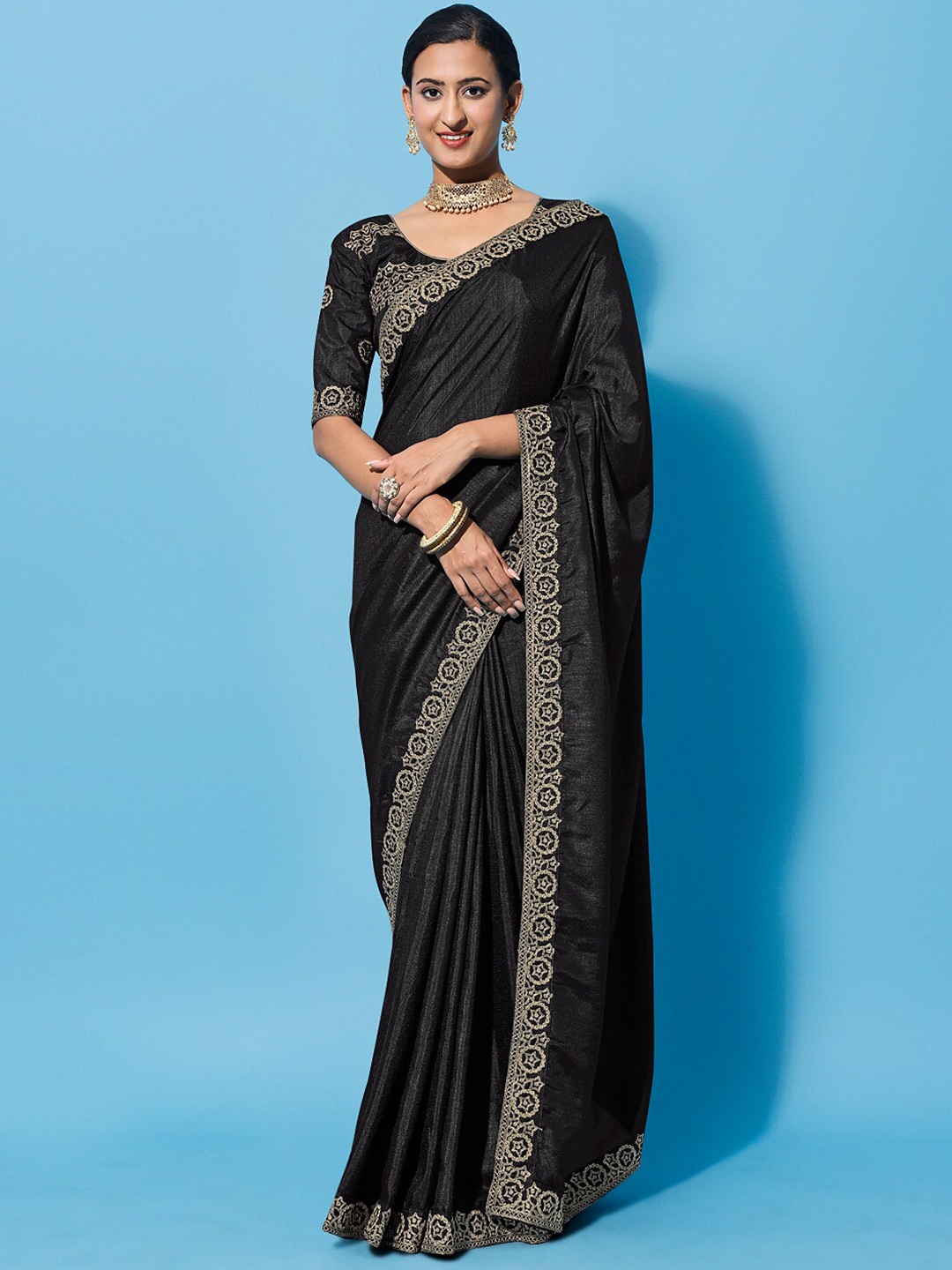 

ORUS Ethnic Motifs Embroidered Silk Cotton Saree, Black