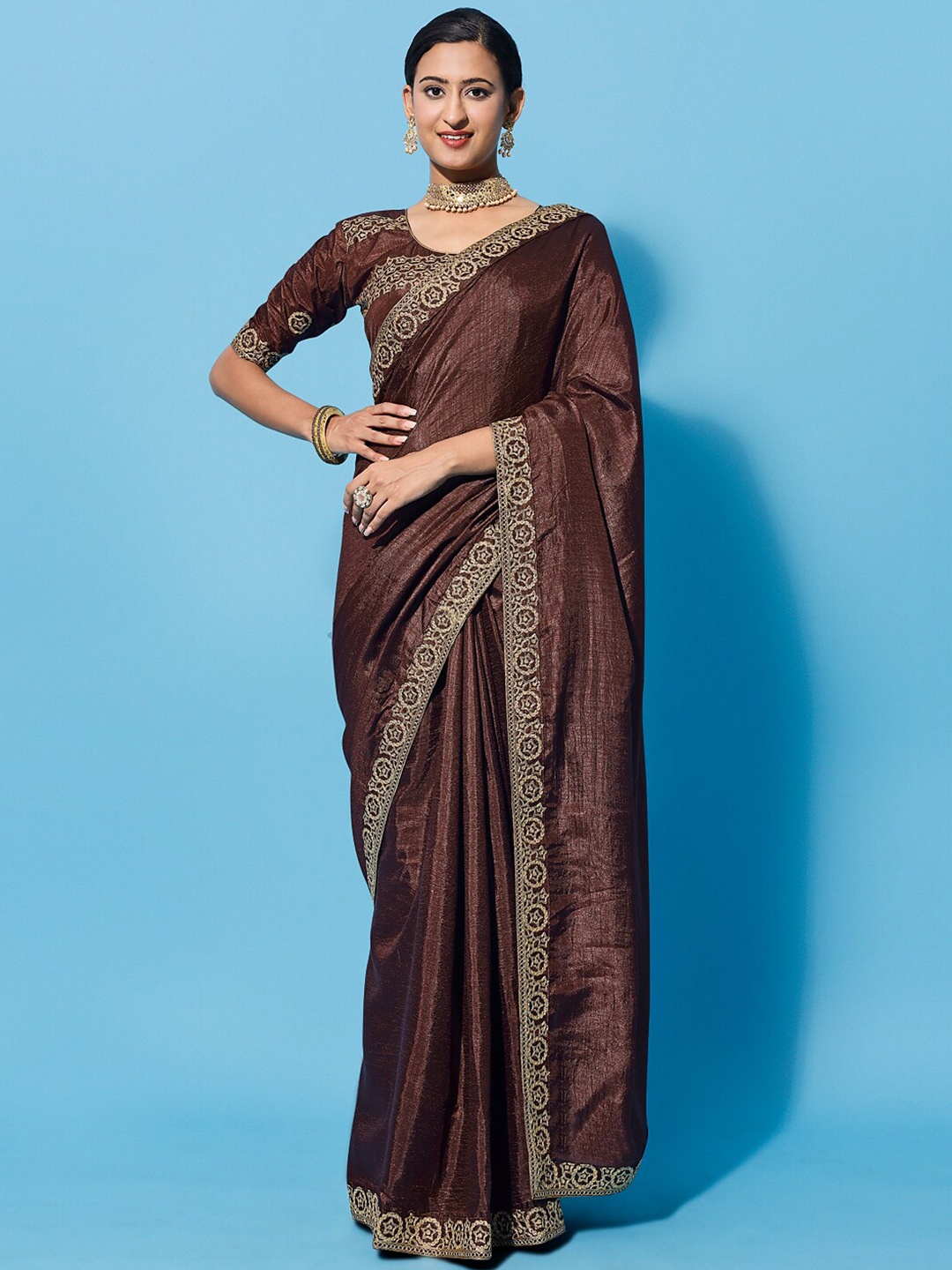 

ORUS Embroidered Silk Cotton Saree, Brown