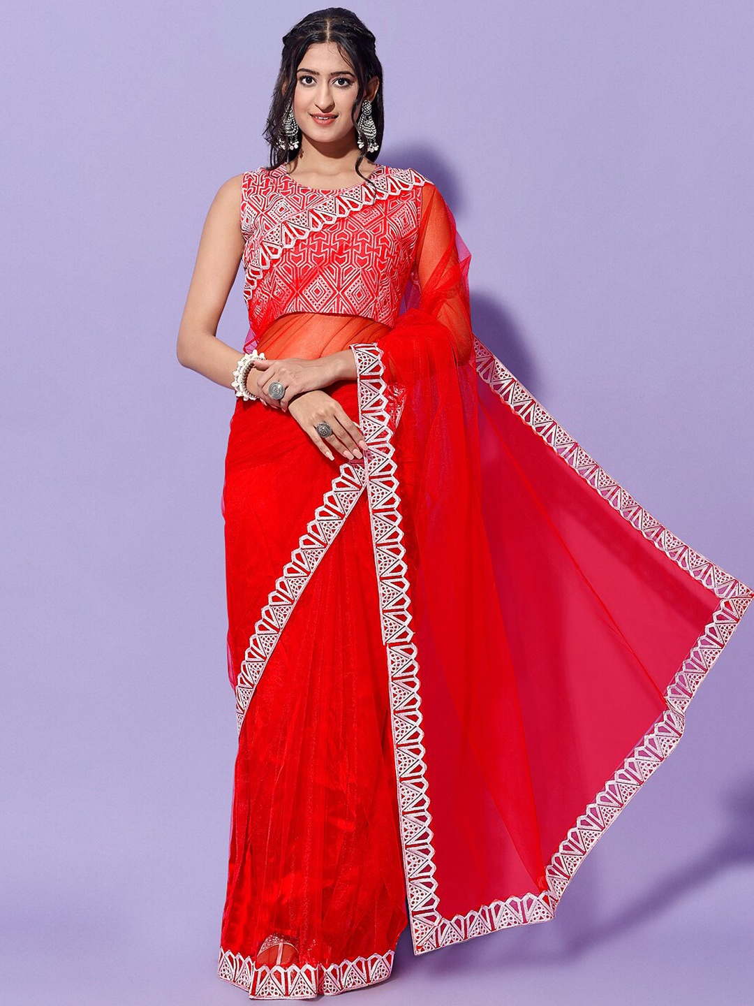 

ORUS Ethnic Motifs Embroidered Net Saree, Red