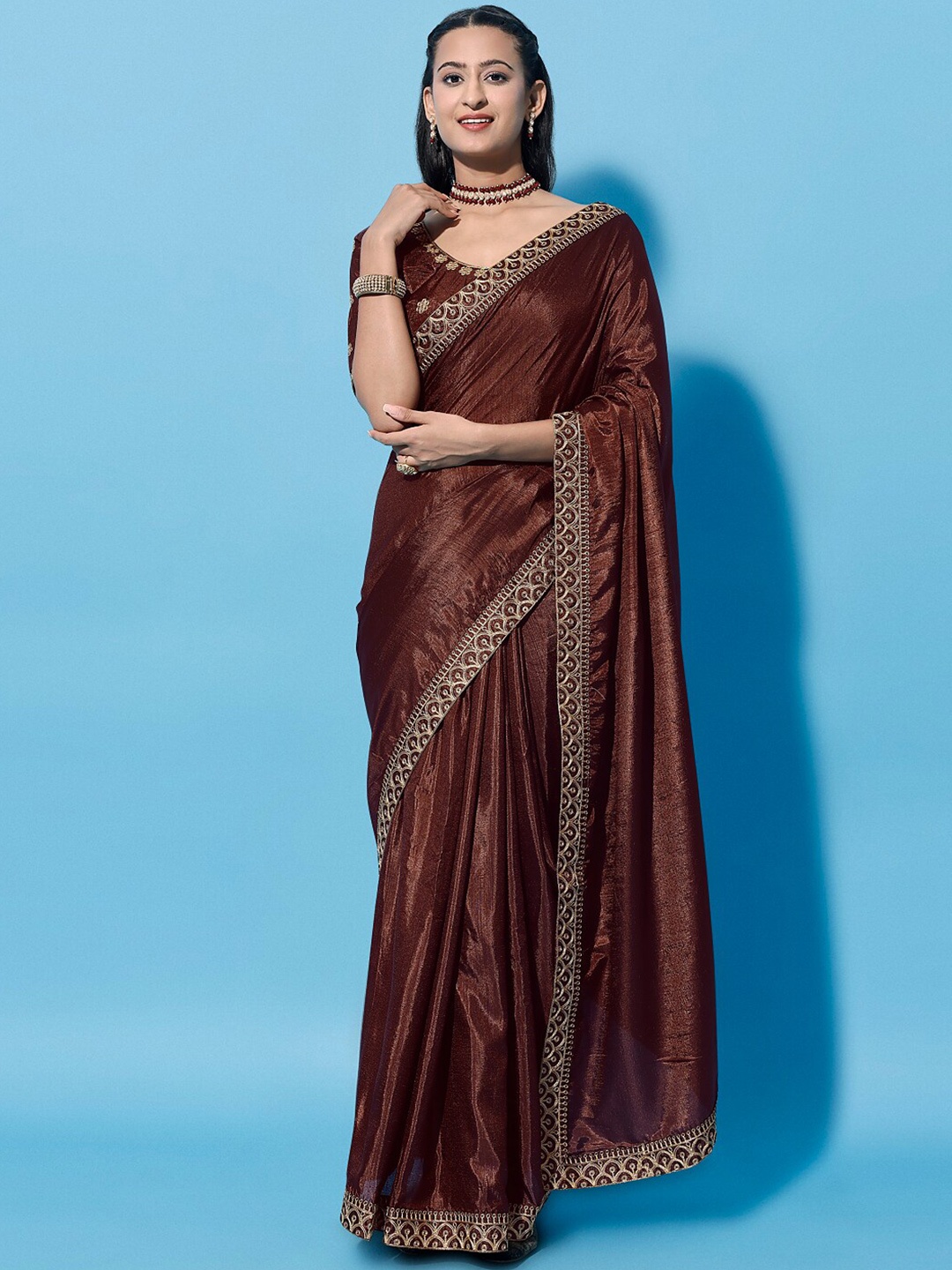 

ORUS Embroidered Silk Cotton Saree, Brown