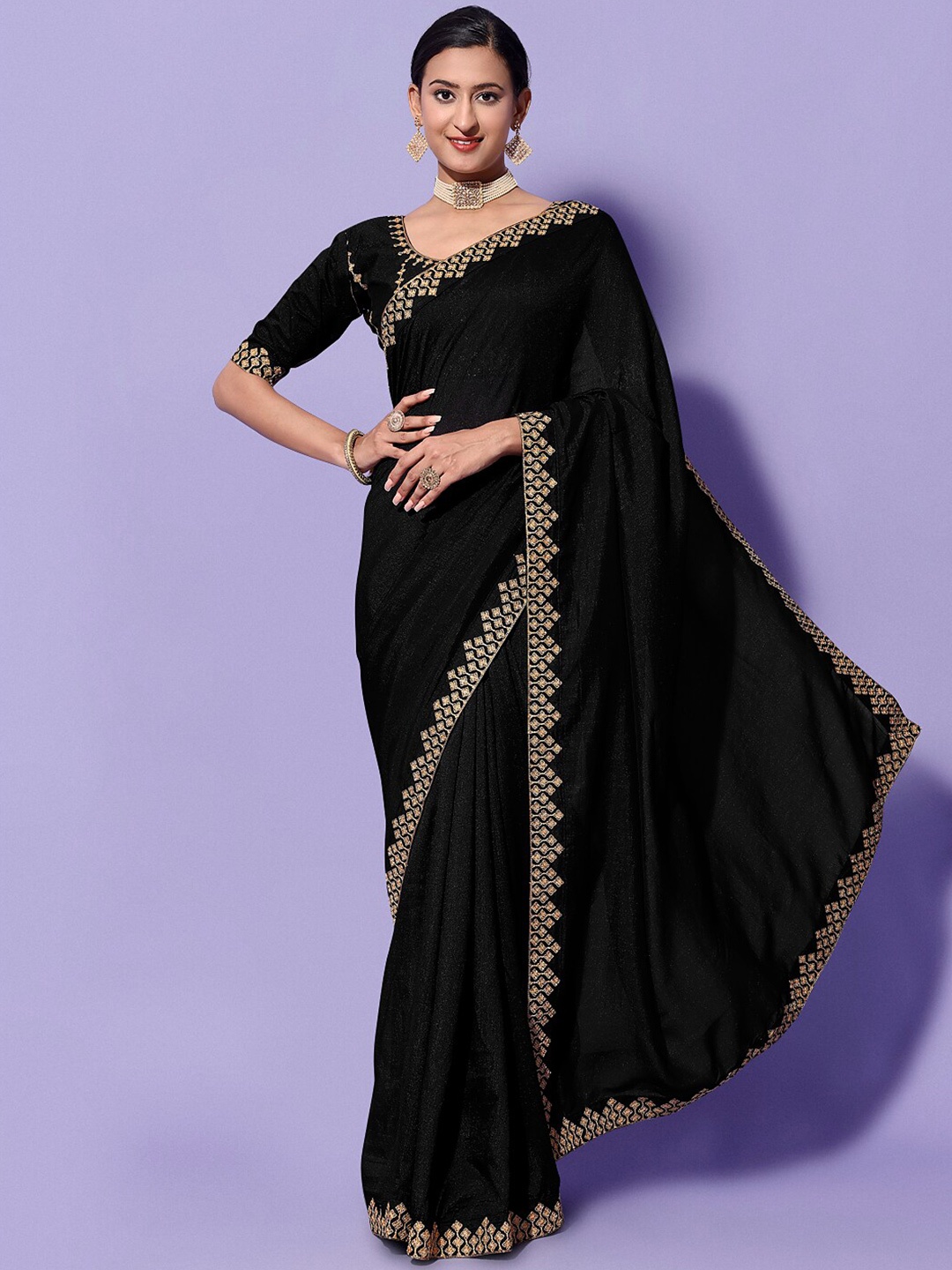 

ORUS Embroidered Silk Cotton Saree, Black