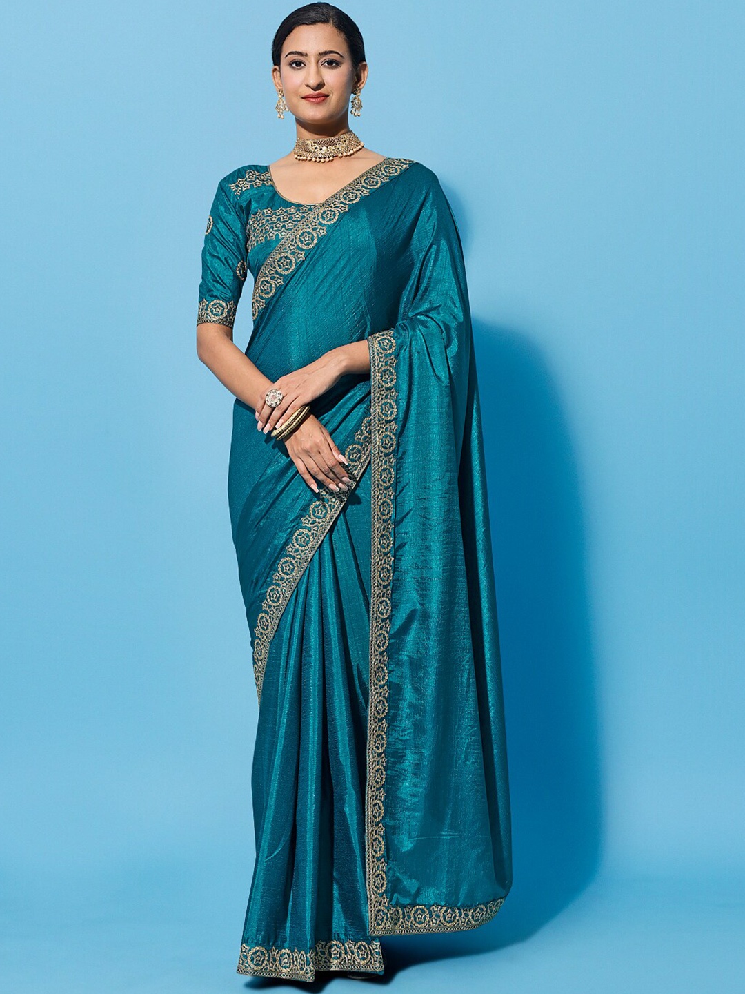 

ORUS Embroidered Silk Cotton Saree, Teal
