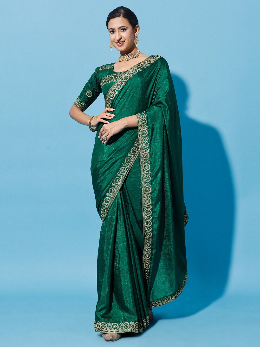 

ORUS Embroidered Silk Cotton Saree, Green