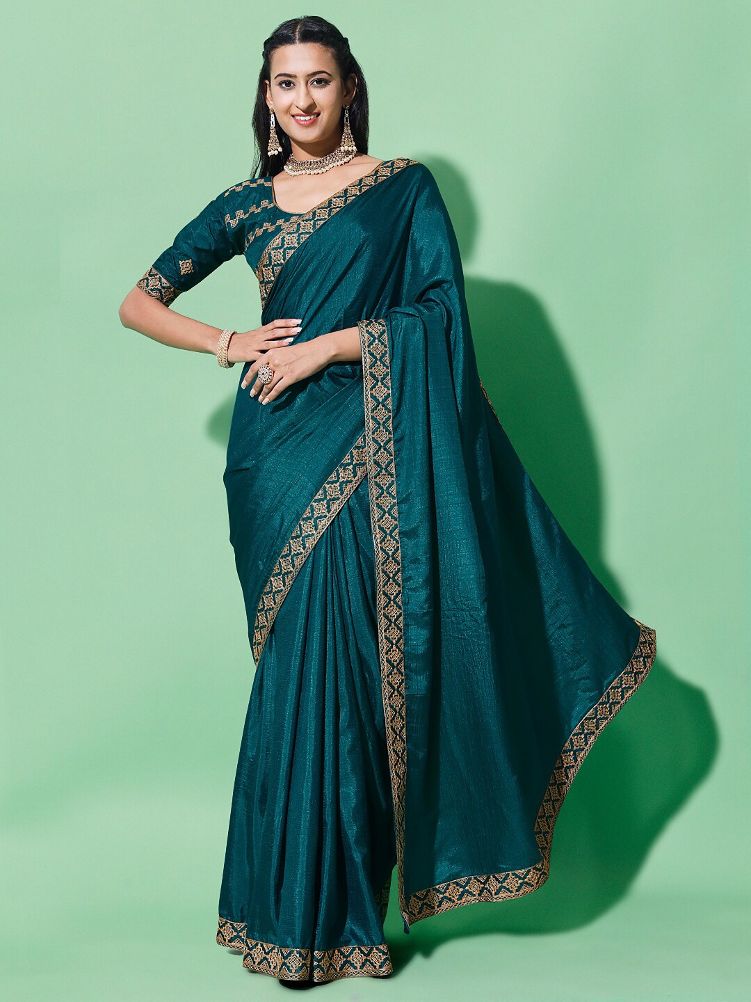 

ORUS Embroidered Silk Cotton Saree, Teal