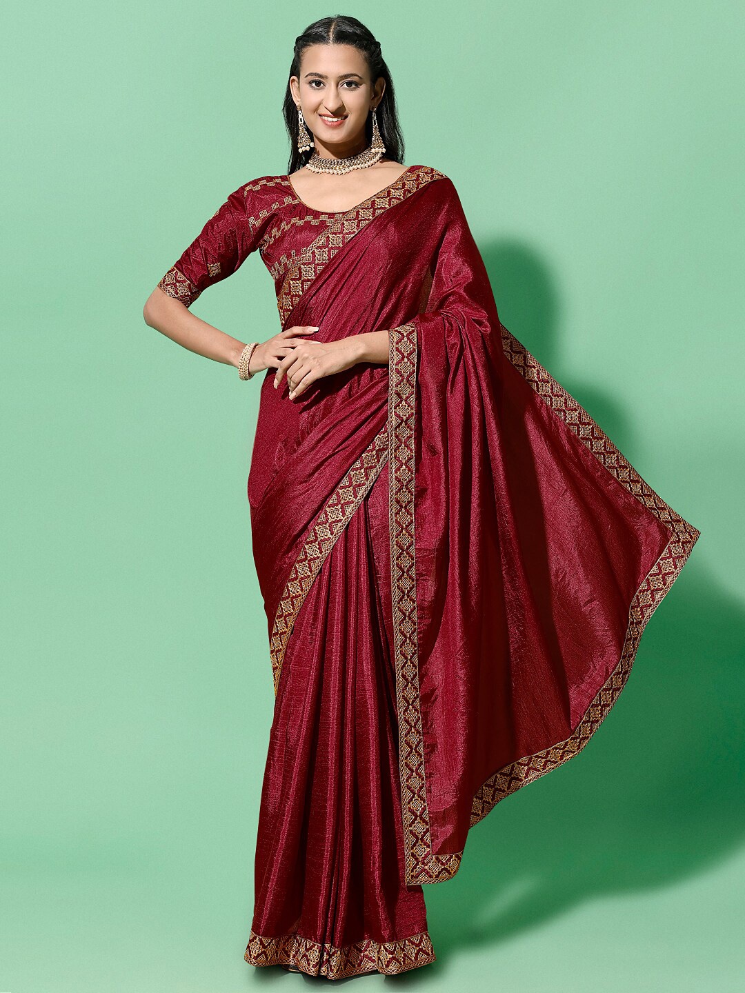 

ORUS Embroidered Silk Cotton Saree, Red