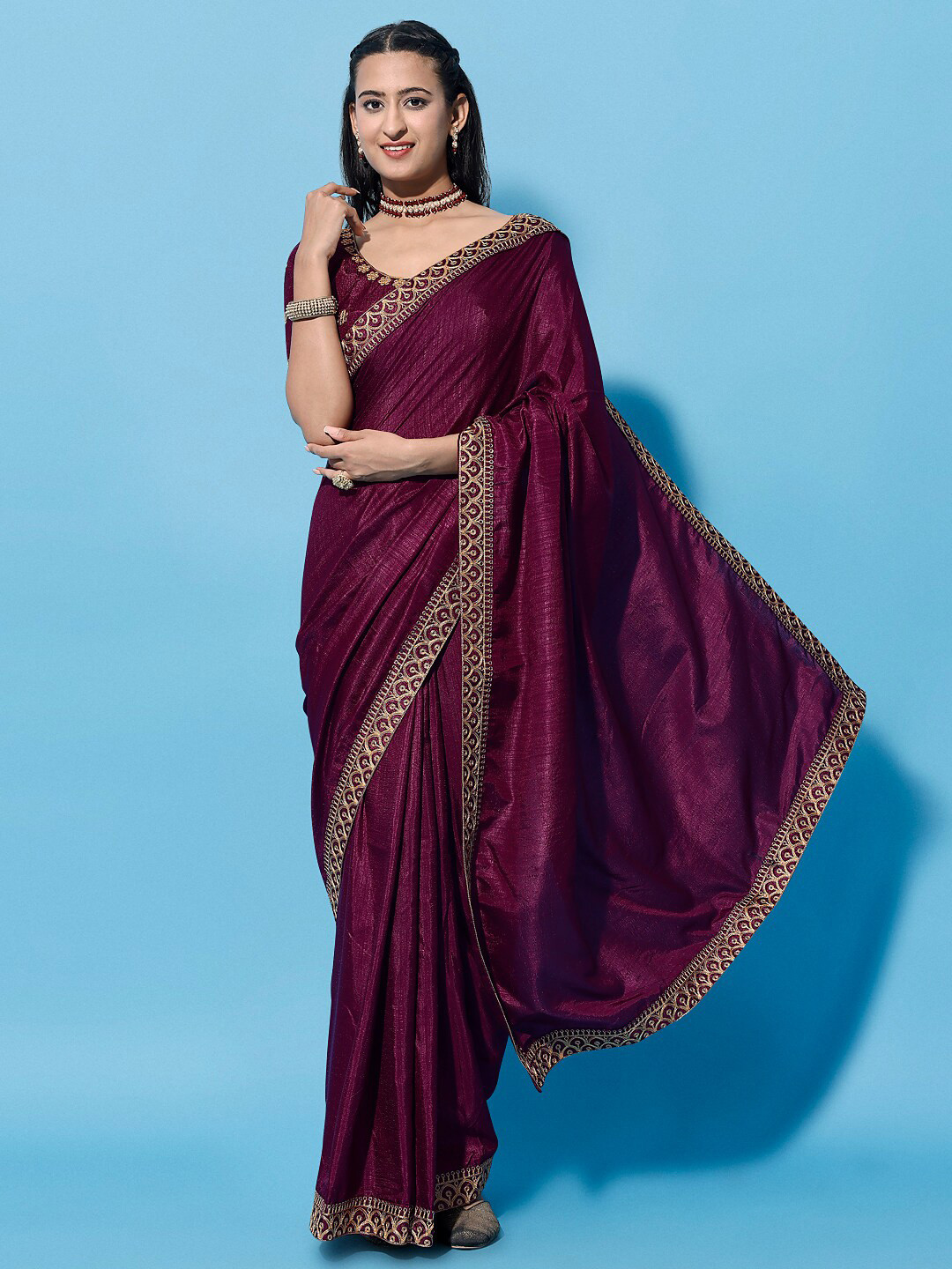 

ORUS Embroidered Silk Cotton Saree, Purple