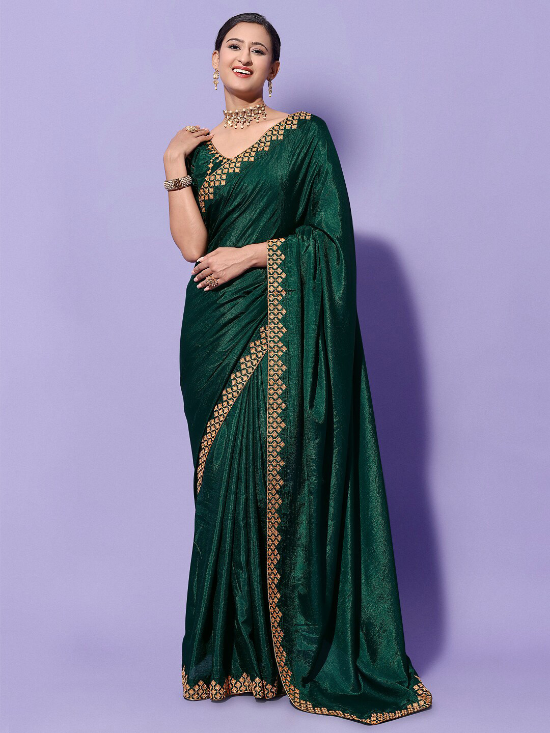 

ORUS Embroidered Silk Cotton Saree, Green