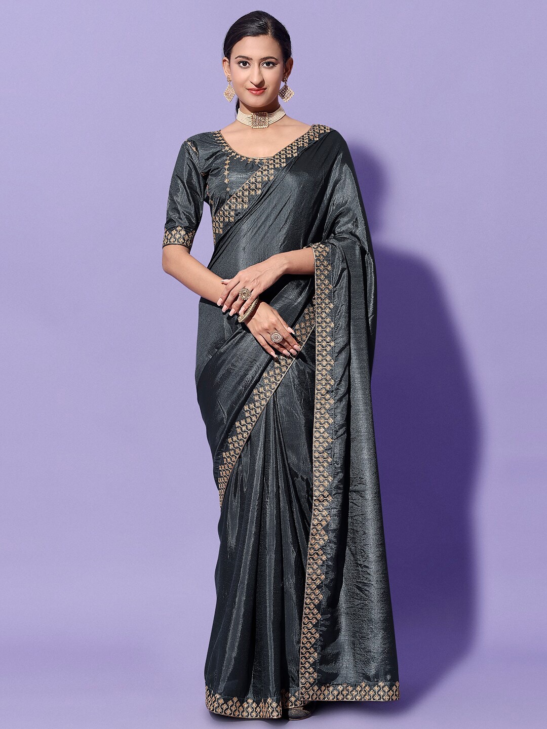 

ORUS Ethnic Motifs Embroidered Silk Cotton Saree, Grey