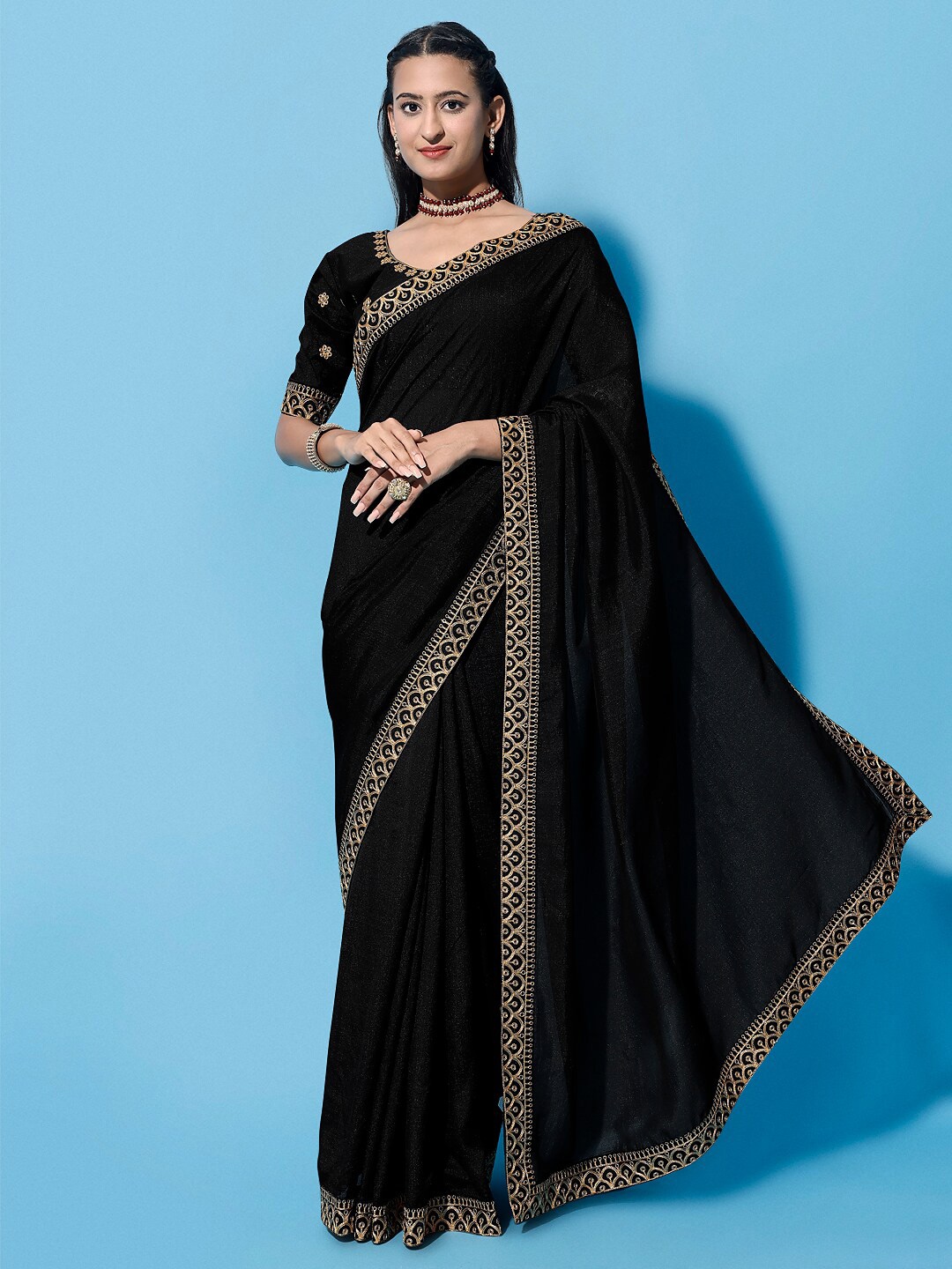 

ORUS Embroidered Silk Cotton Saree, Black