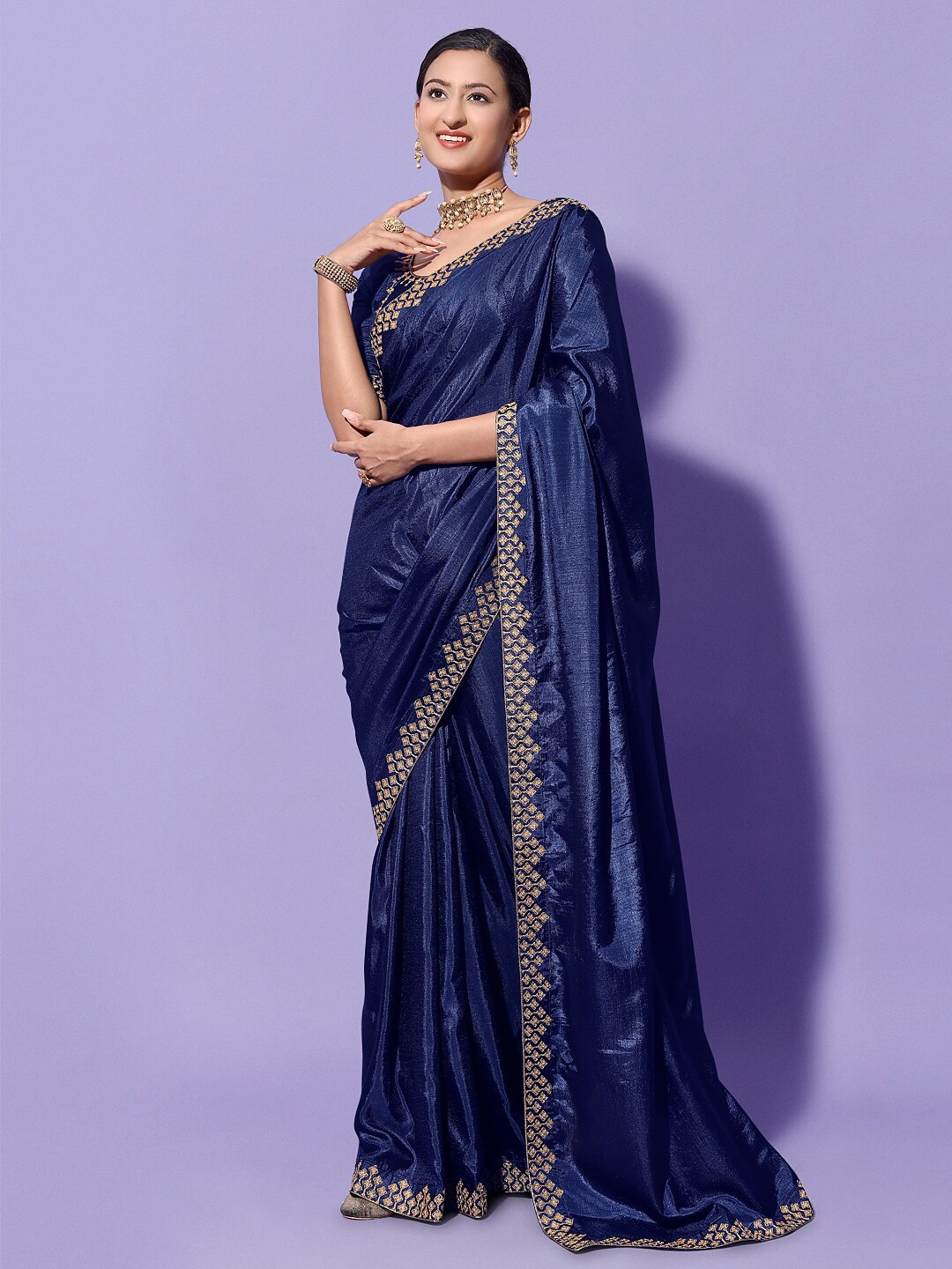 

ORUS Embroidered Silk Cotton Saree, Navy blue