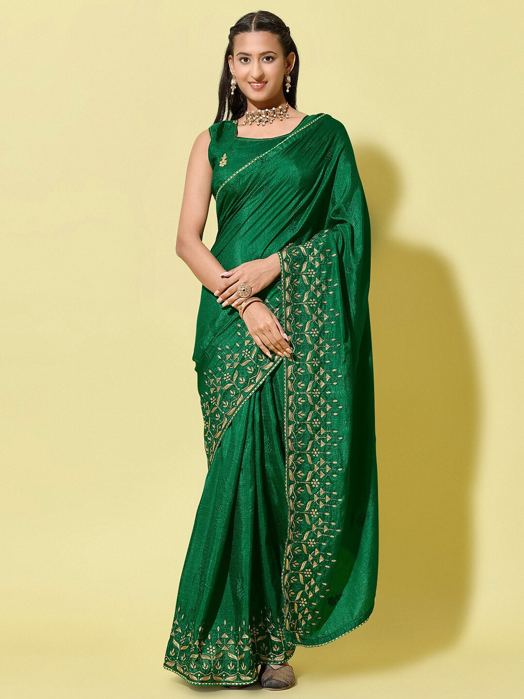 

ORUS Green & Gold-Toned Embroidered Silk Cotton Saree