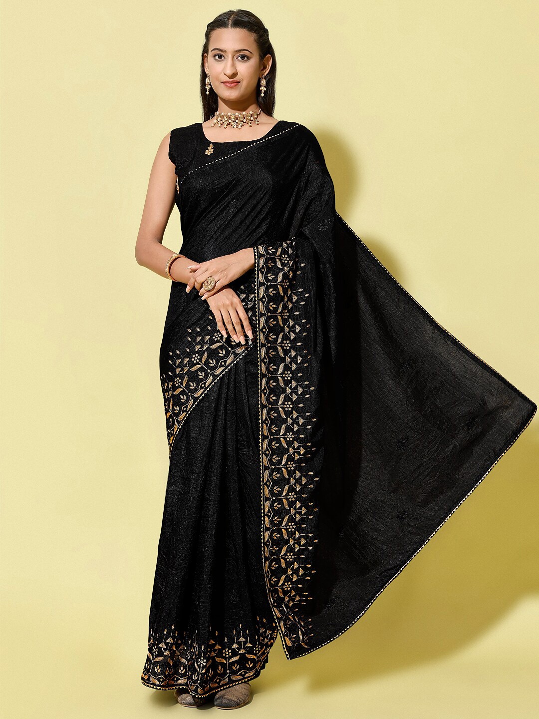 

ORUS Embroidered Silk Cotton Saree, Black