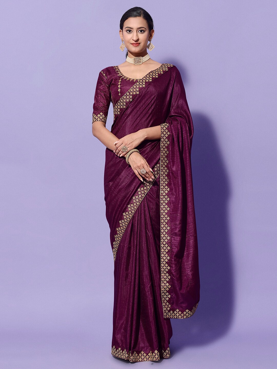

ORUS Embroidered Silk Cotton Saree, Purple