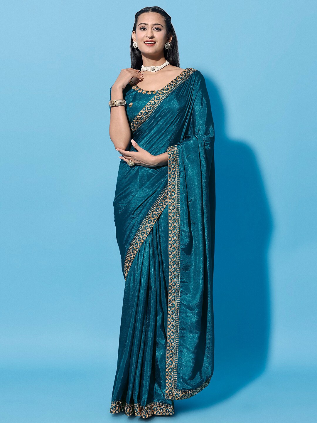 

ORUS Embroidered Silk Cotton Saree, Teal