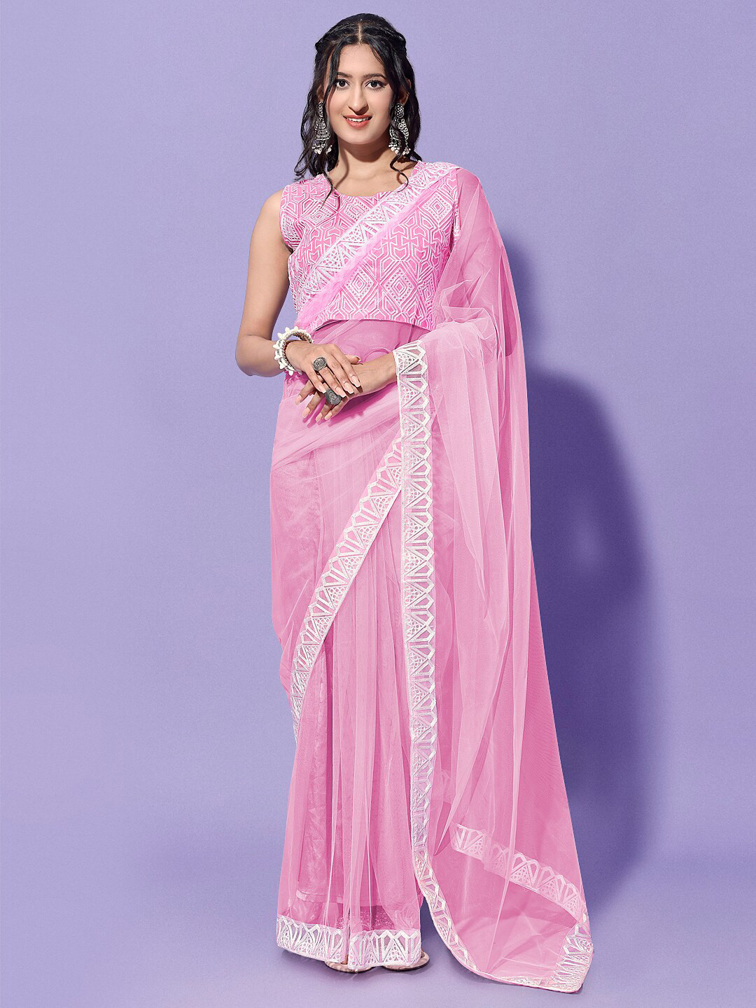 

ORUS Embroidered Border Net Saree, Pink