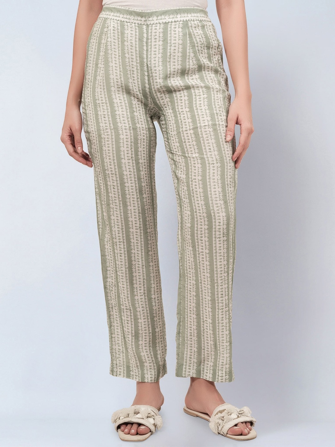 First Resort by Ramola Bachchan Women Smart Striped Mid-Rise Cotton Parallel Trousers, Green