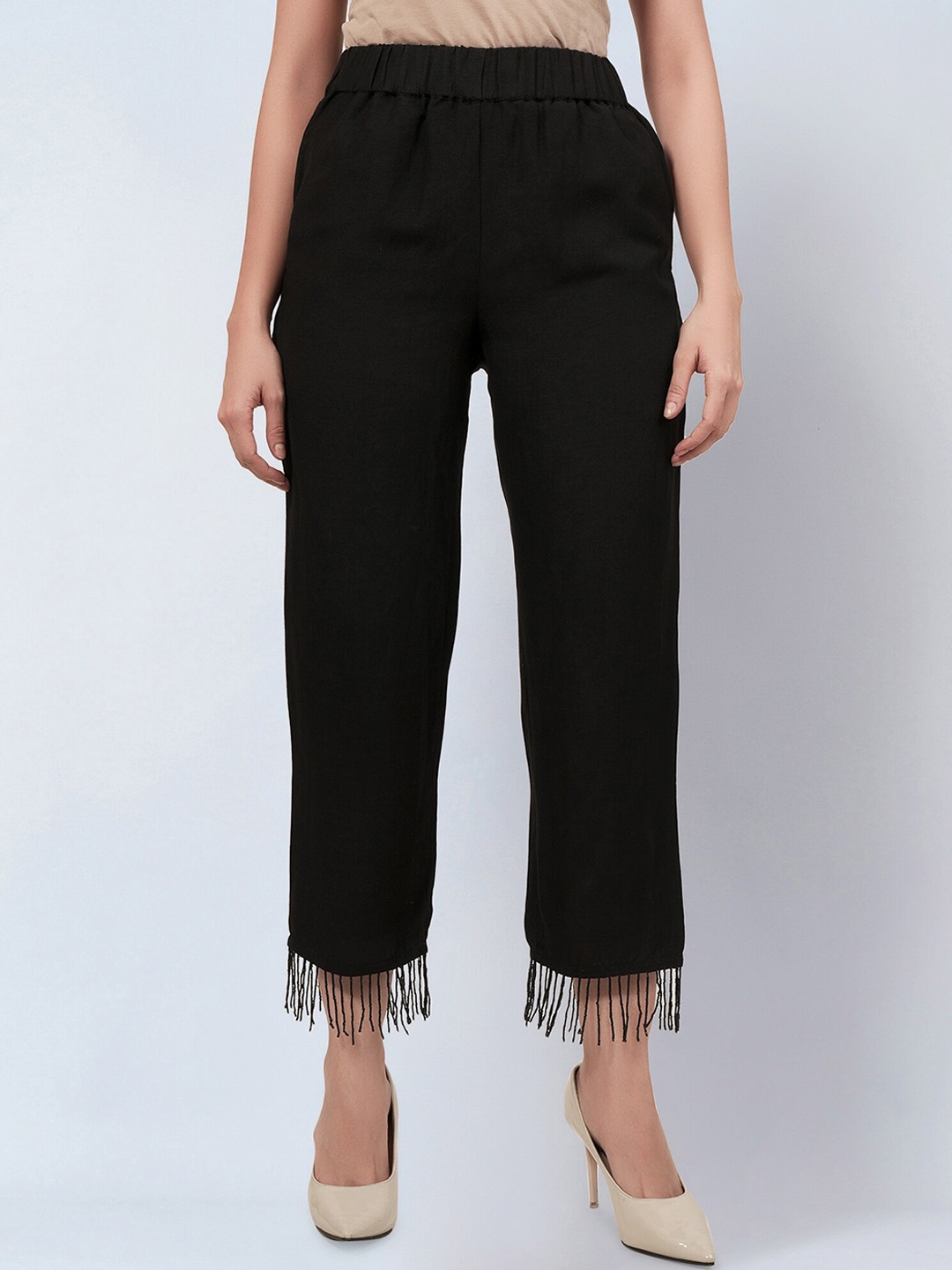 First Resort by Ramola Bachchan Women Smart Mid-Rise Linen Trousers, Black