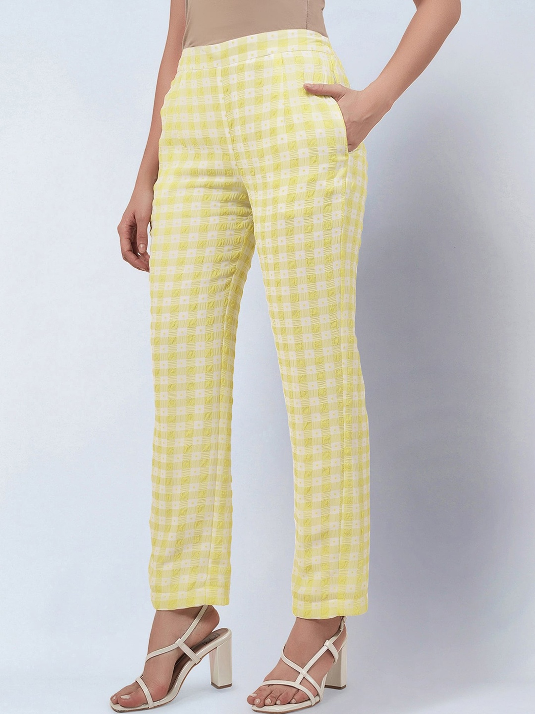 

First Resort by Ramola Bachchan Women Checked Smart Mid-Rise Trousers, Yellow