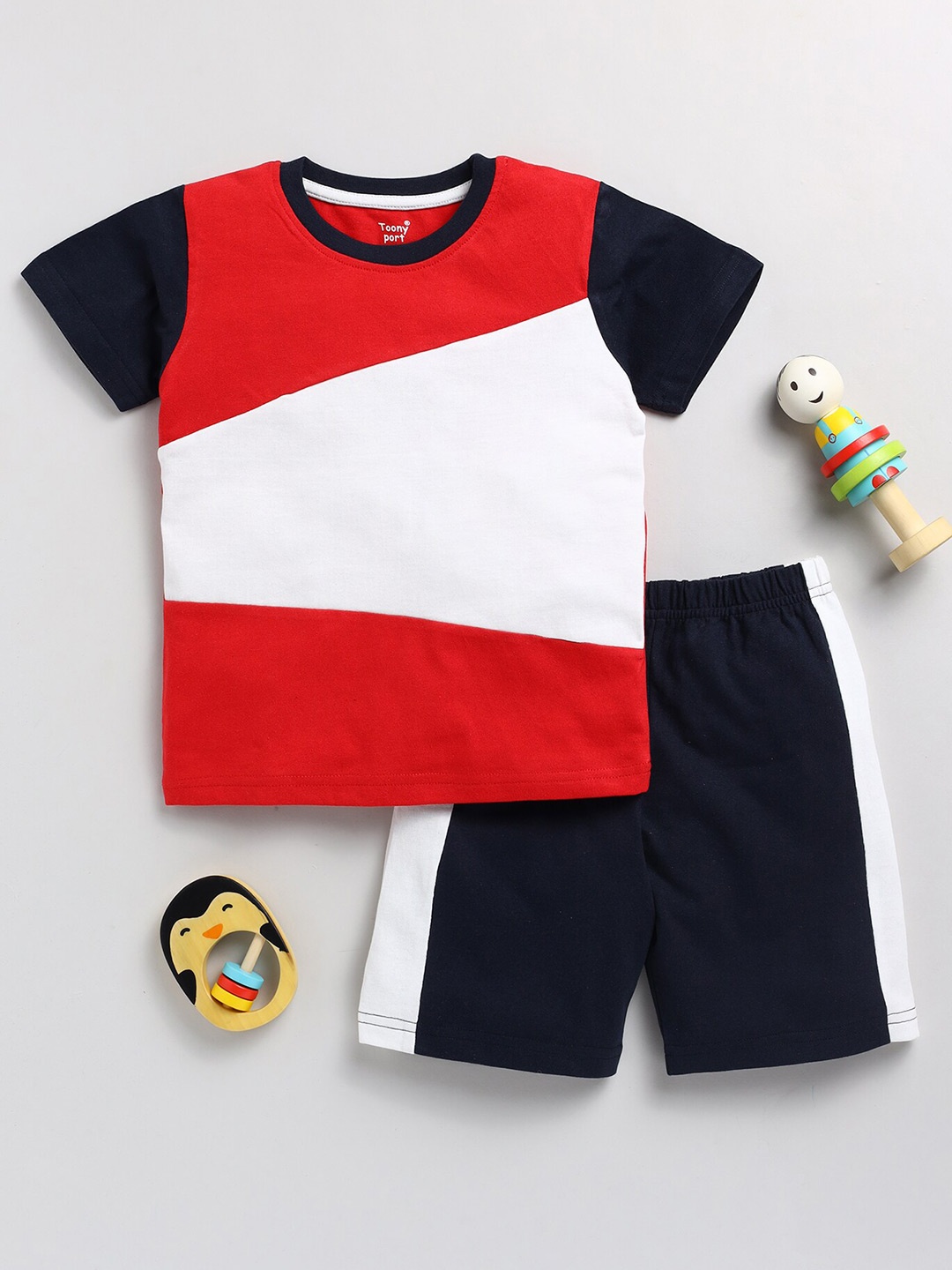Toonyport Infant Boys Colourblocked Pure Cotton T-shirt with Shorts, Red